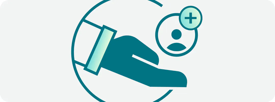 Hand offering an icon of a user with a plus symbol