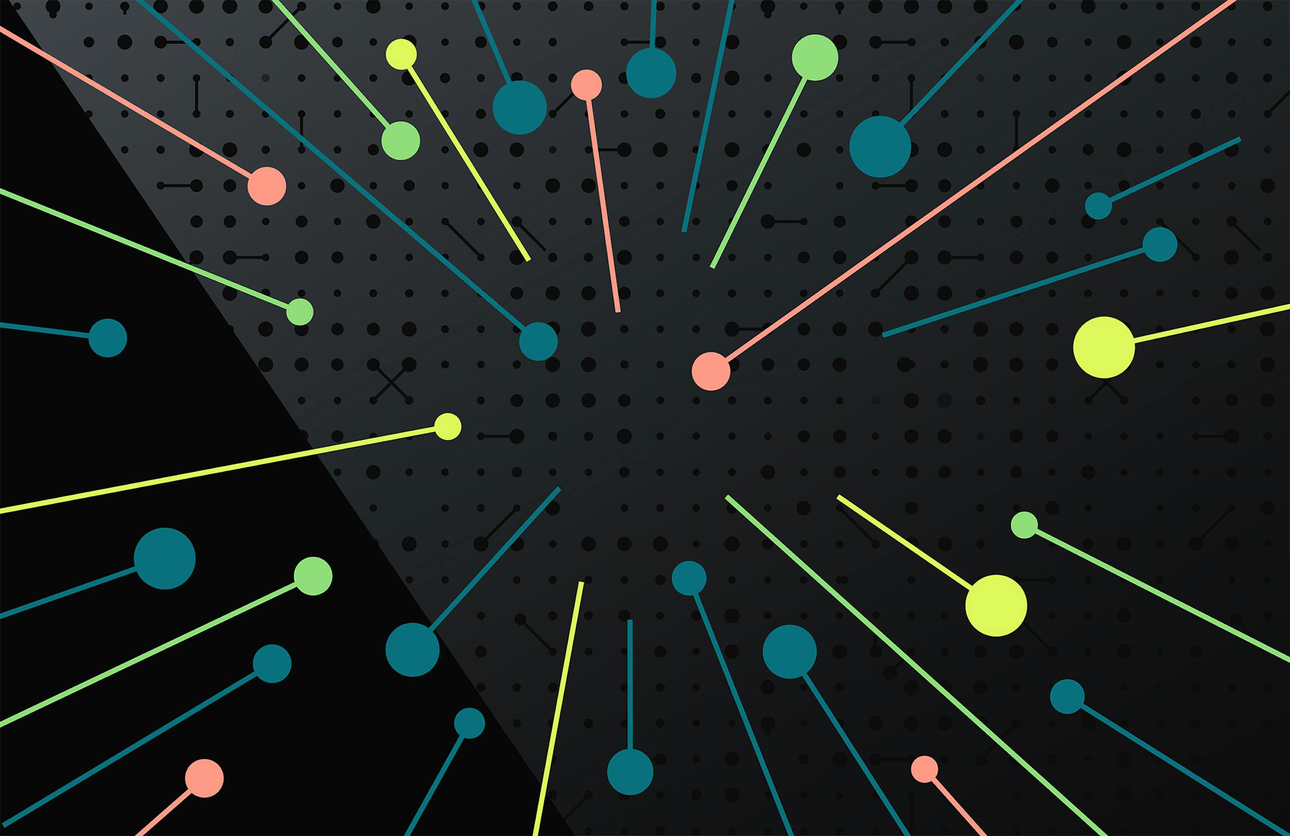 Radiating lines and nodes in pink, yellow, teal and green on a black background.
