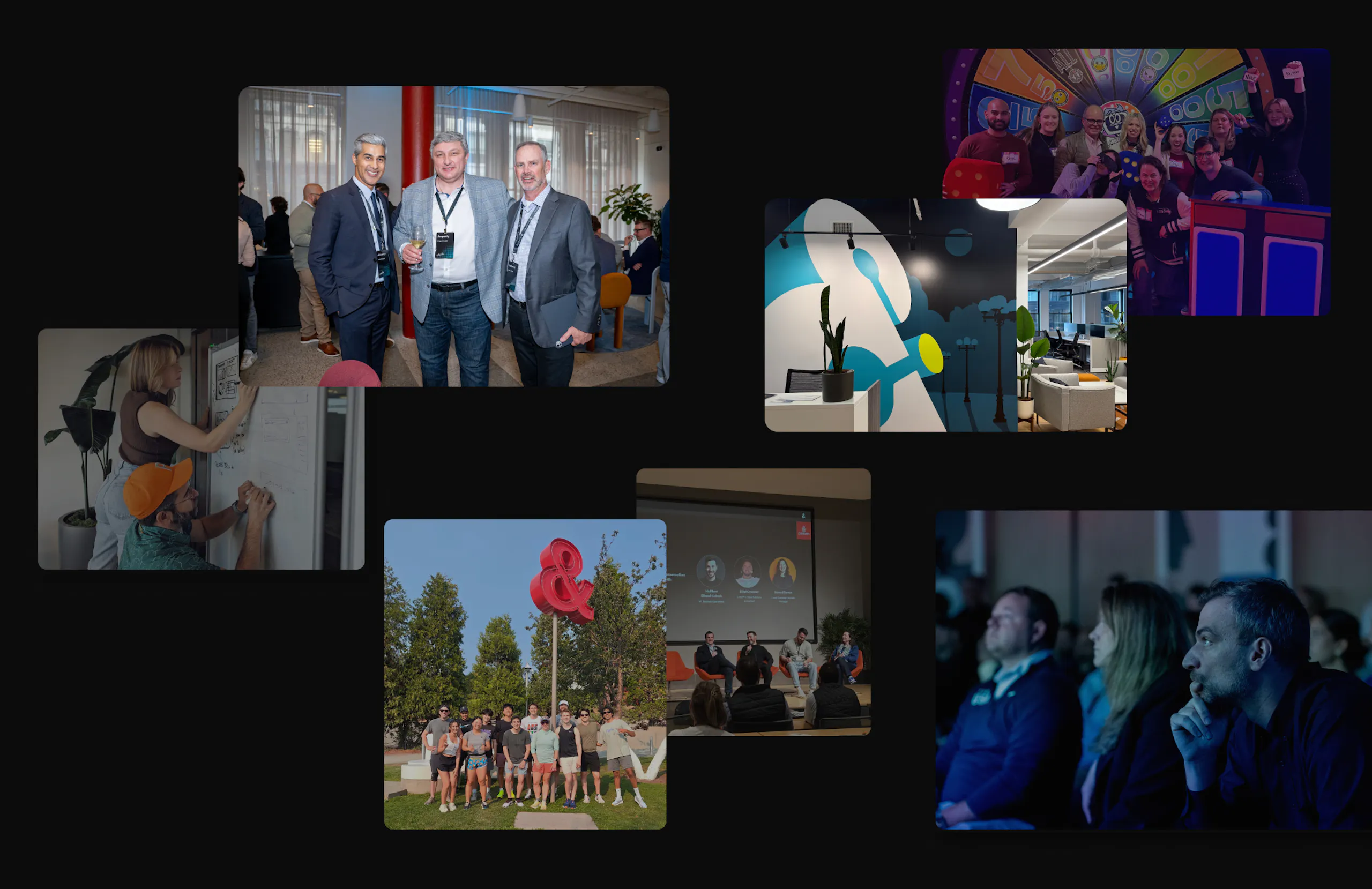 Collage of Amperity employees posing for camera, collaborating on whiteboard, volunteering together.
