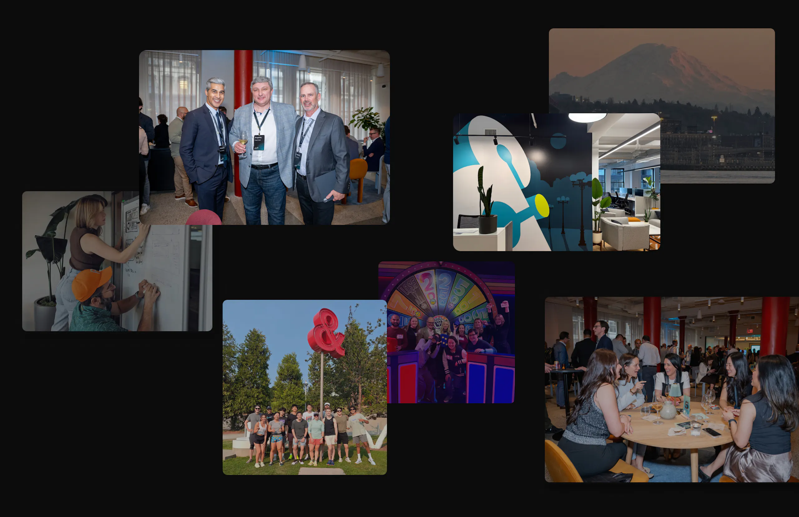 Collage of Amperity employees posing for camera, collaborating on whiteboard, volunteering together.