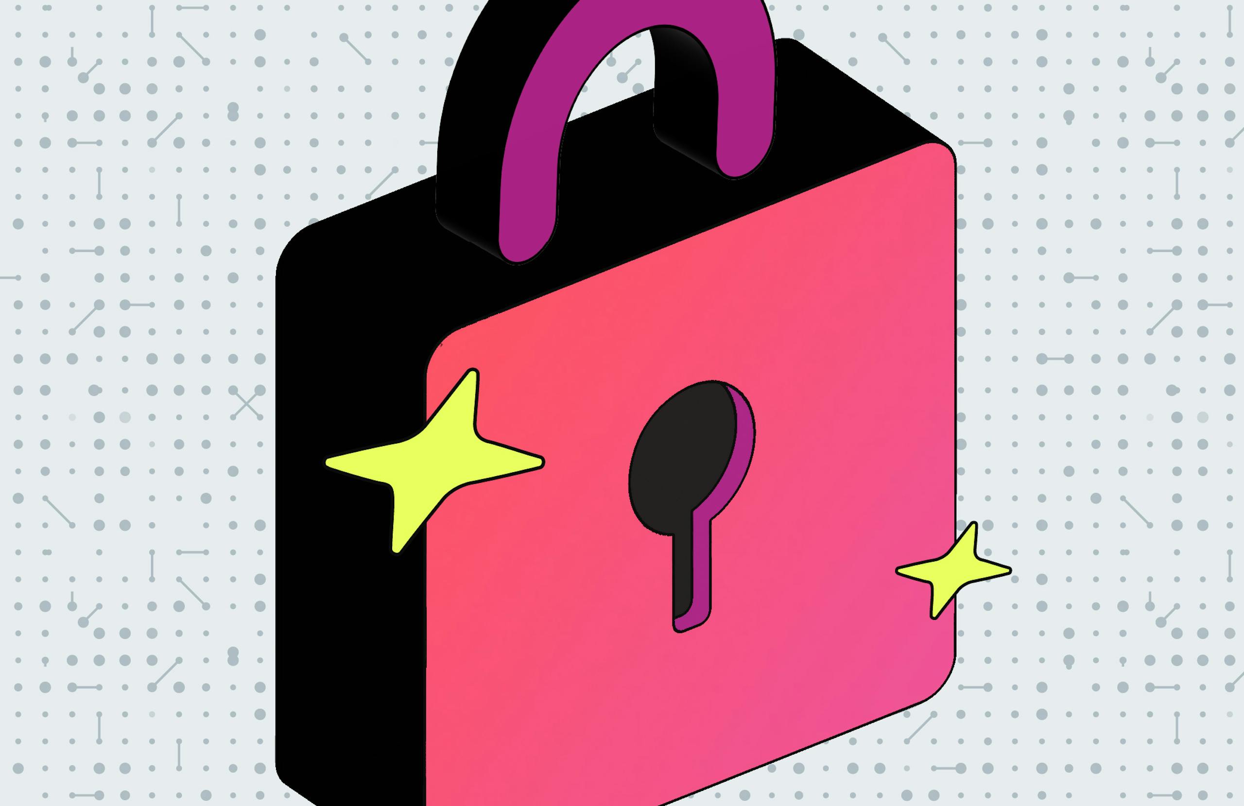 An illustration of a pad lock in a vibrant magenta gradient.
