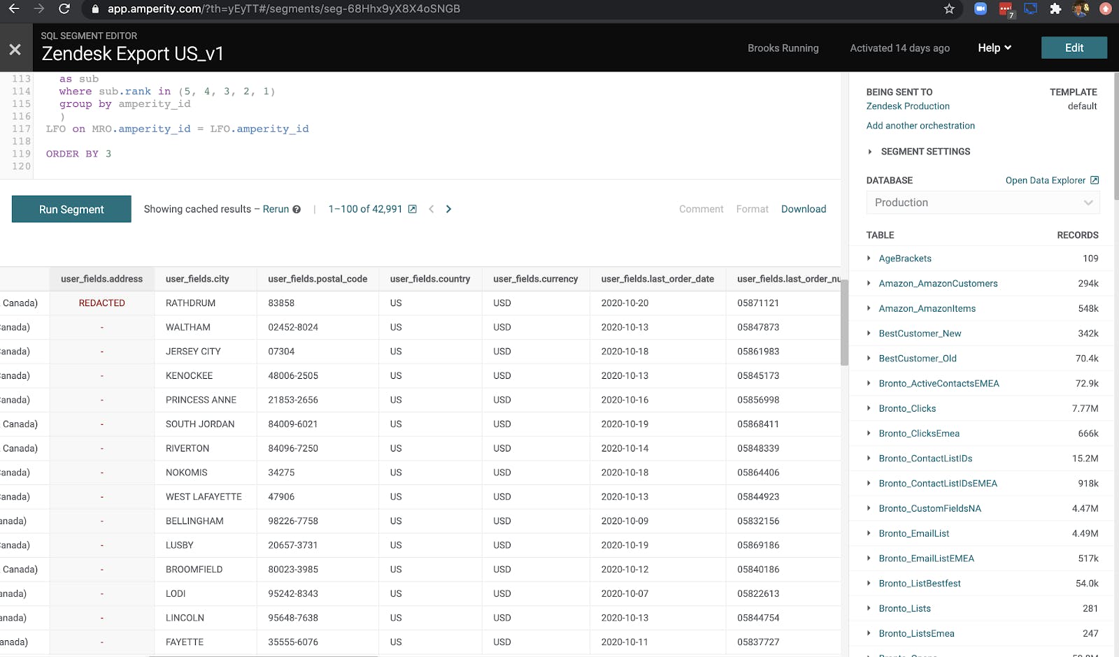 Sample view of a custom segment Zendesk pulled from Amperity
