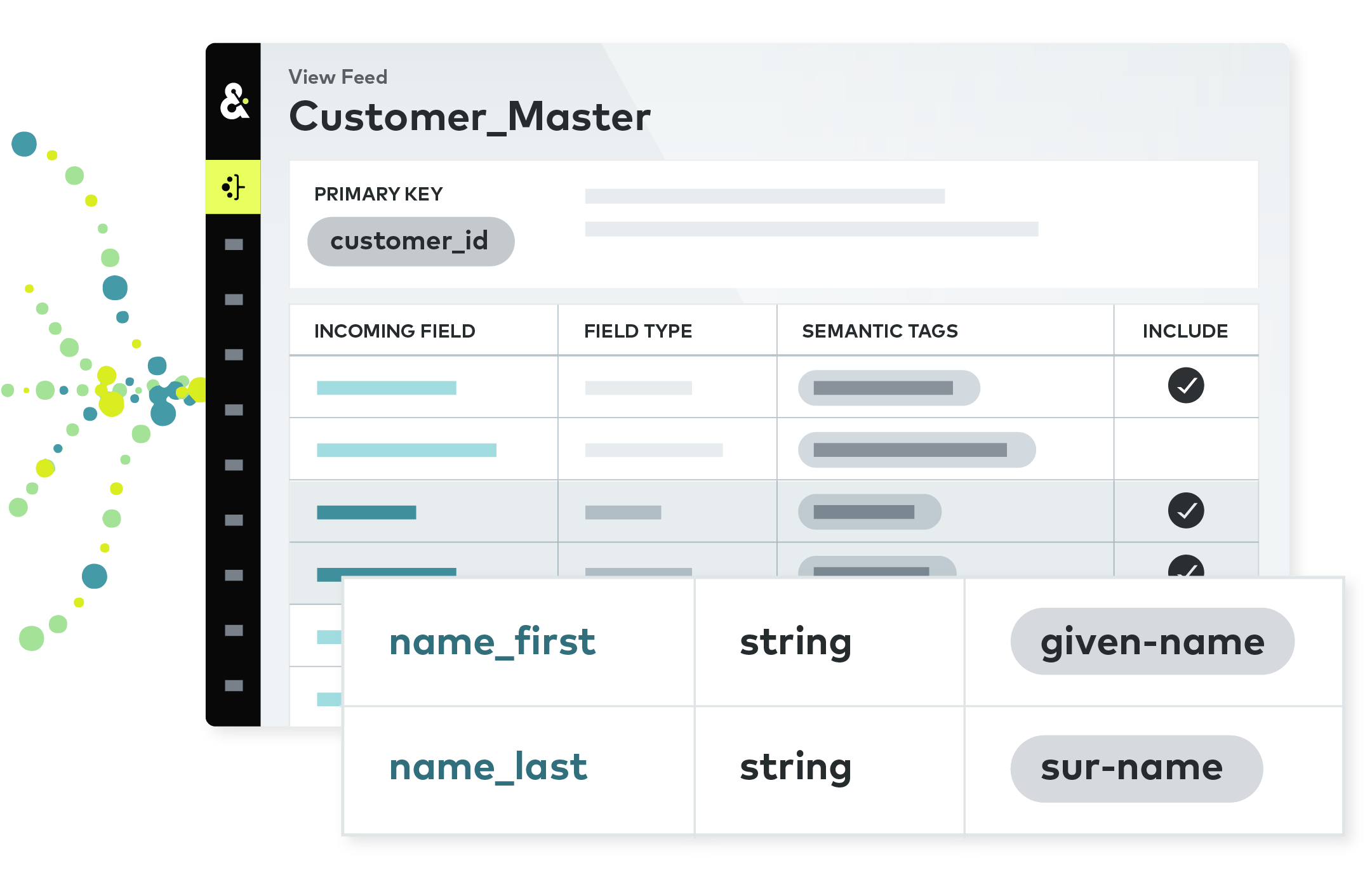 The Amperity platform displaying a table of "customer_master", matching incoming fields to semantic tags.