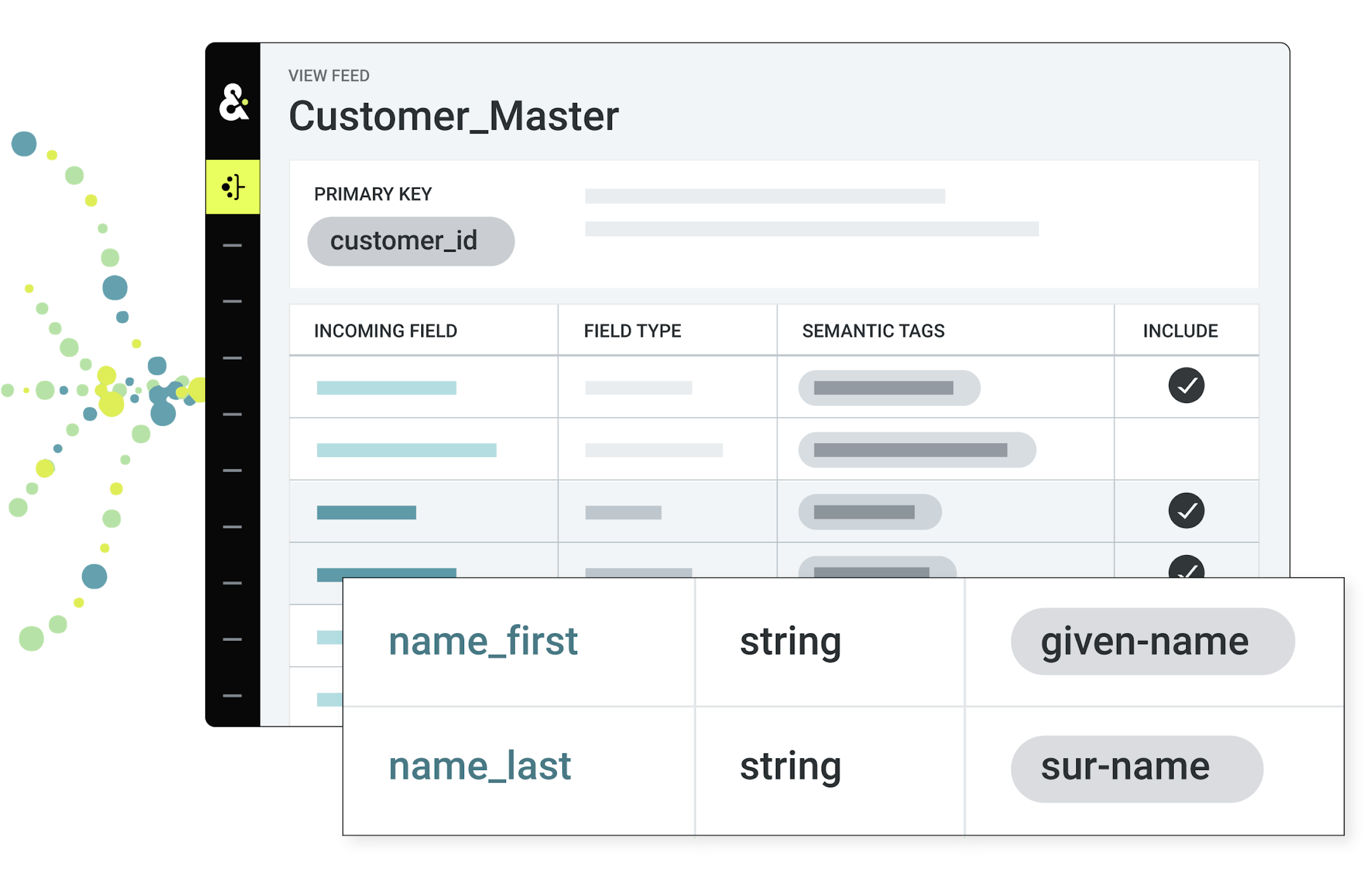 The Amperity platform displaying a table of "customer_master", matching incoming fields to semantic tags.