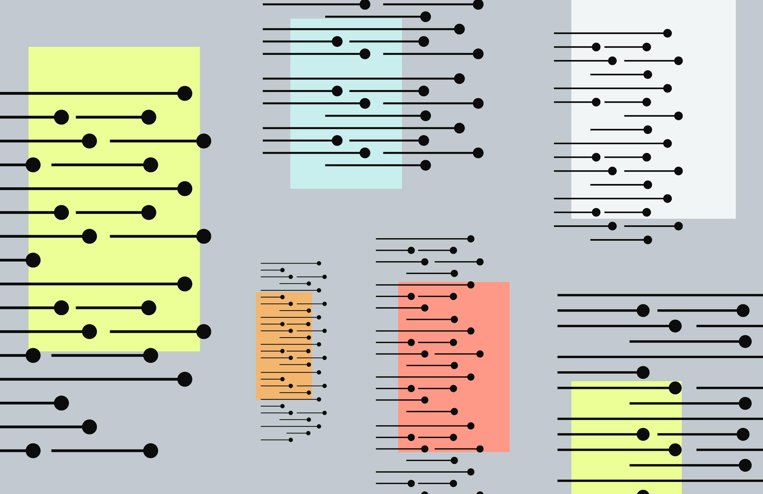 Colorful squares with lines and nodes running through them