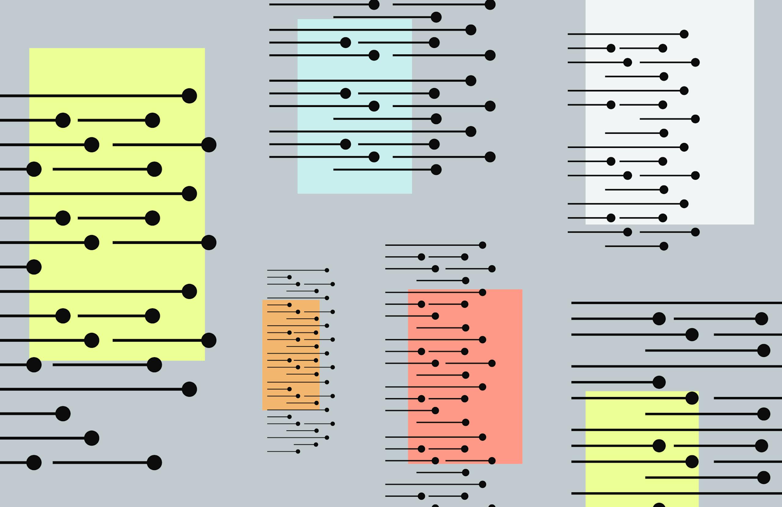 Colorful squares with lines and nodes running through them