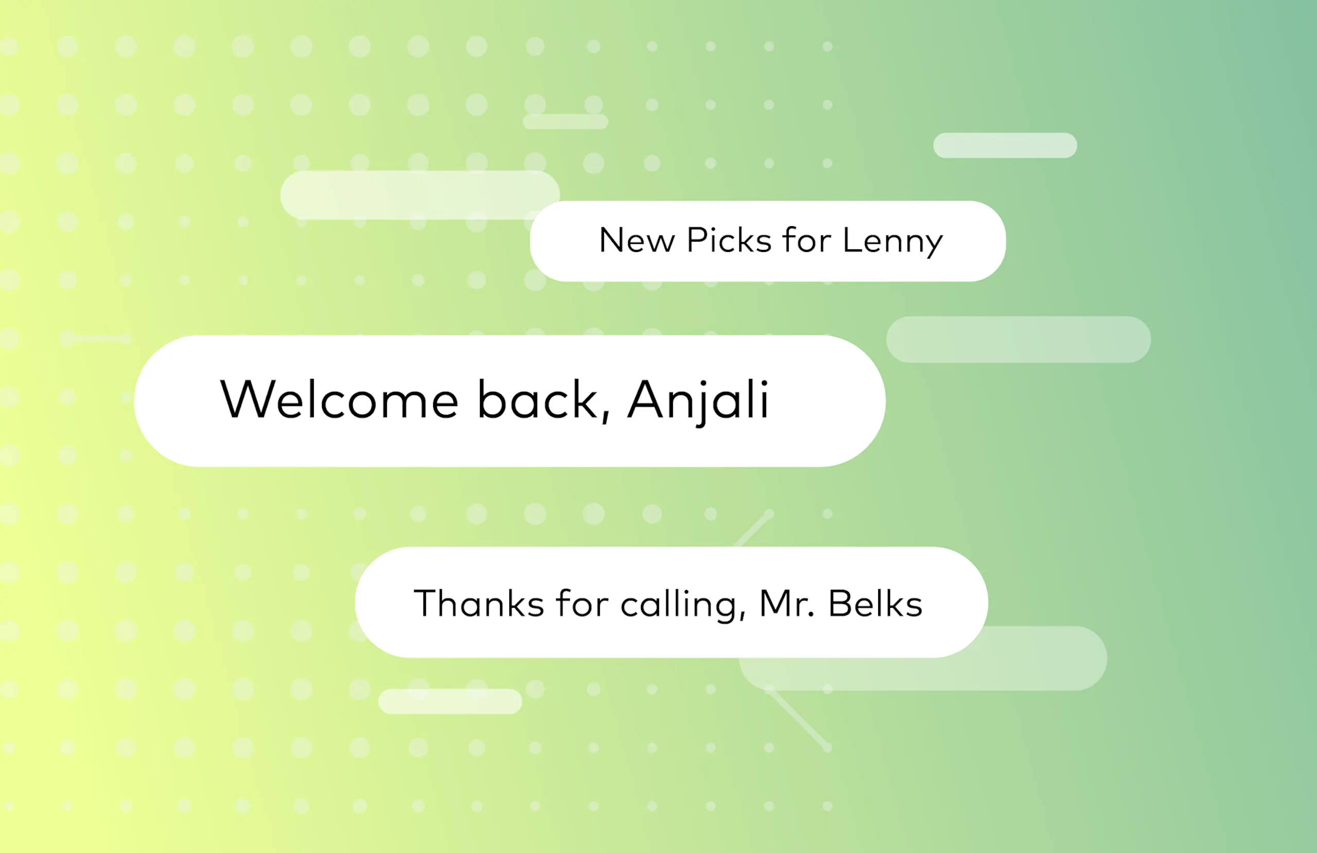Text message saying "Welcome back, Anjali"