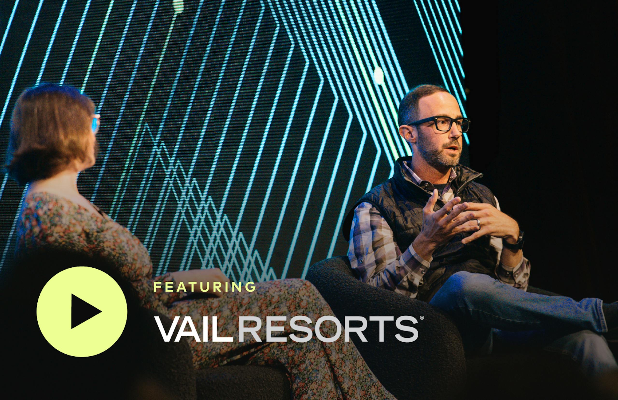 Lison from Amperity and Thomas from Vail sitting onstage at Amplify. Featuring Vail Resorts.