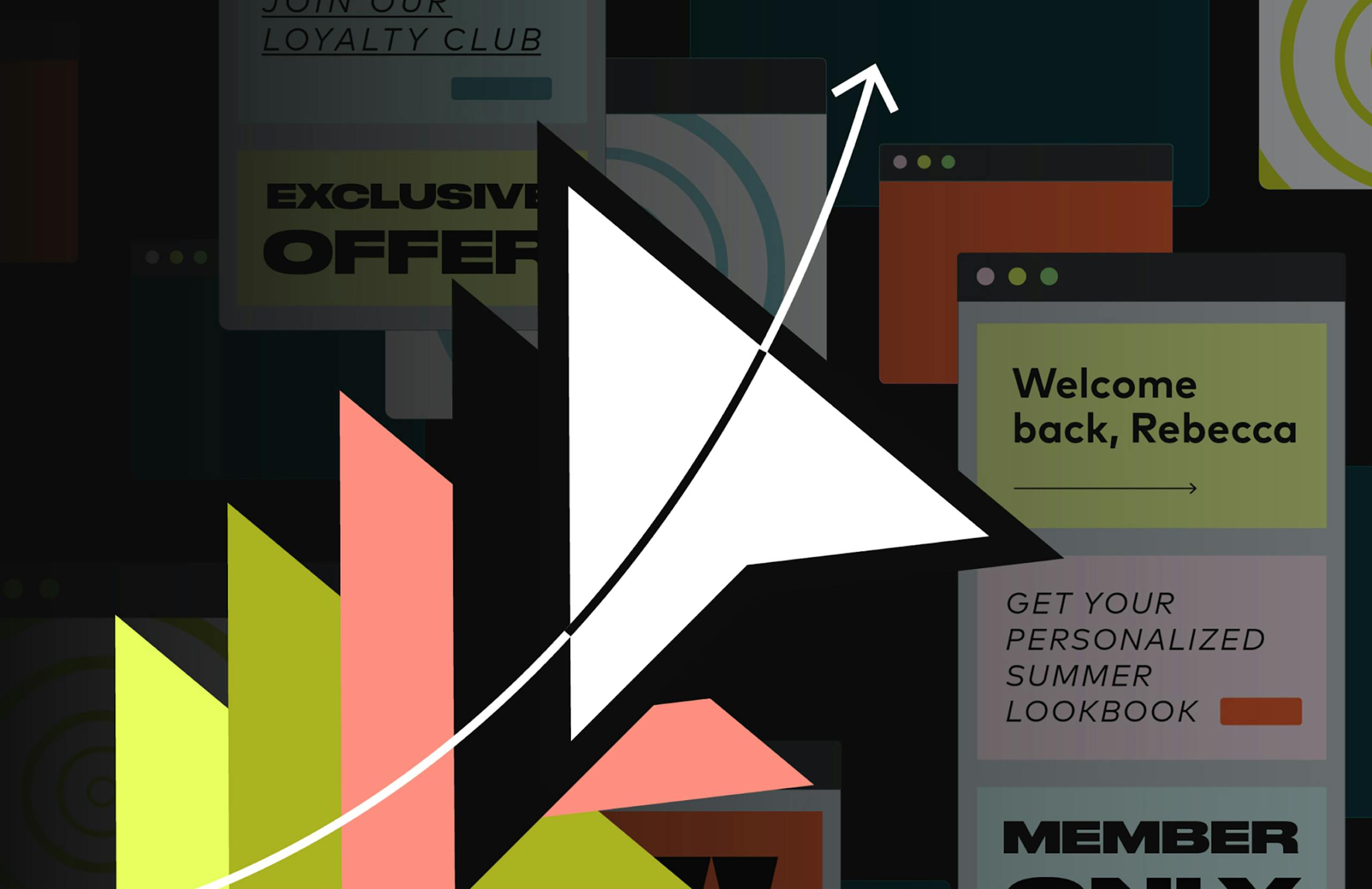 Stylized mouse cursor over a collage of ad popups.