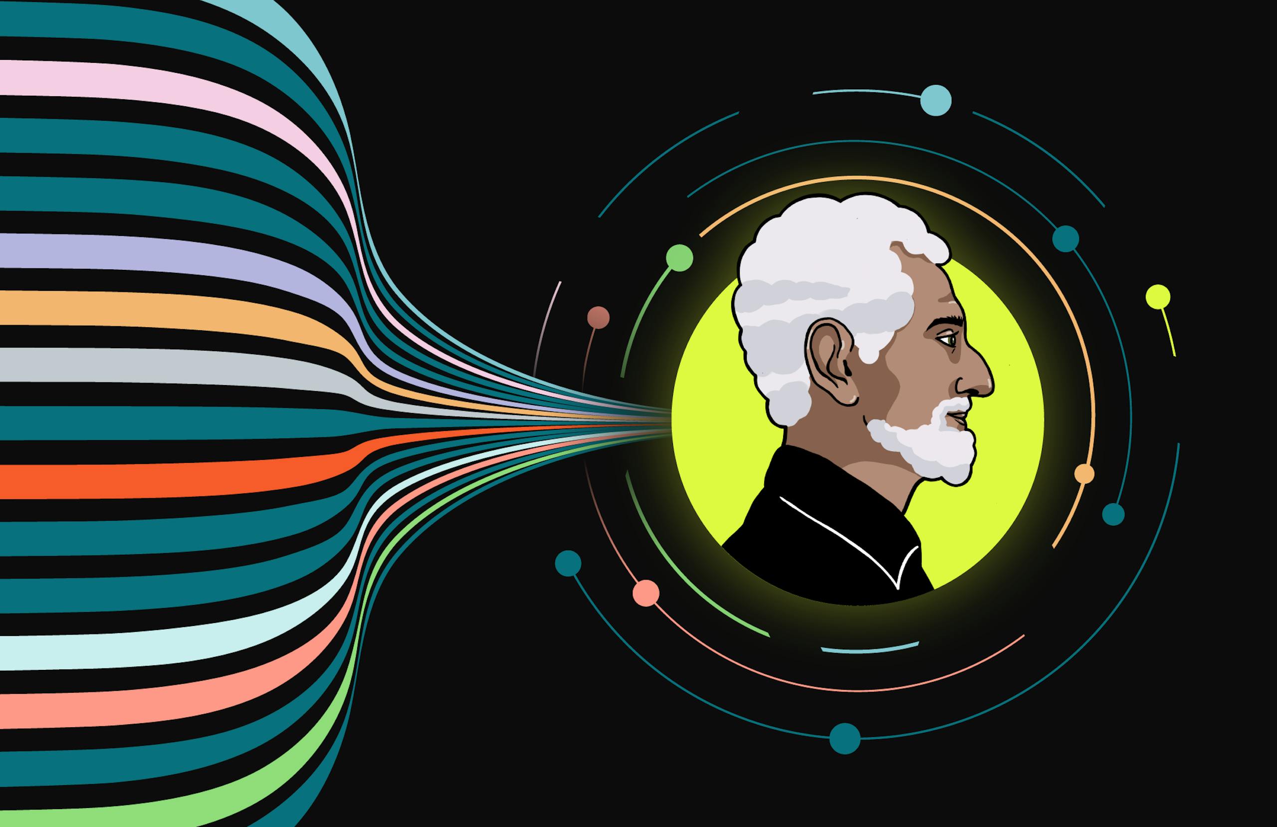 Graphic of man in many colors with circular image.