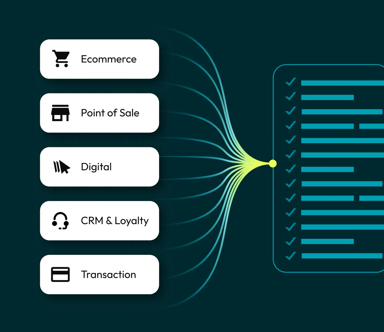 Ecommerce, Point of Sale, Digital, CRM & Loyalty, and Transaction data flowing to a single destination