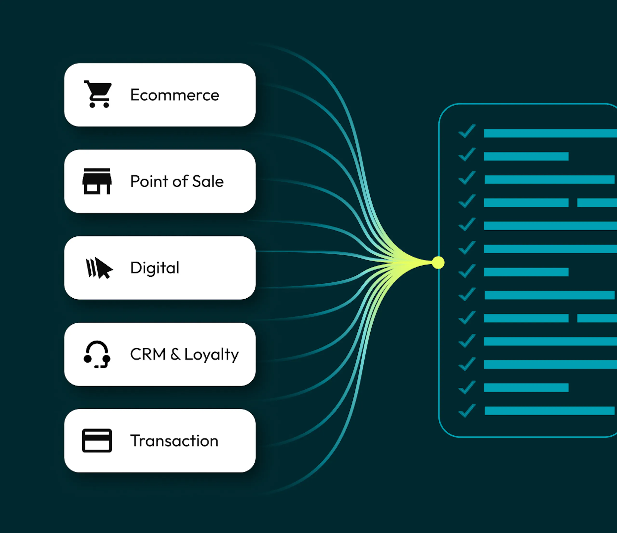 Ecommerce, Point of Sale, Digital, CRM & Loyalty, and Transaction data flowing to a single destination