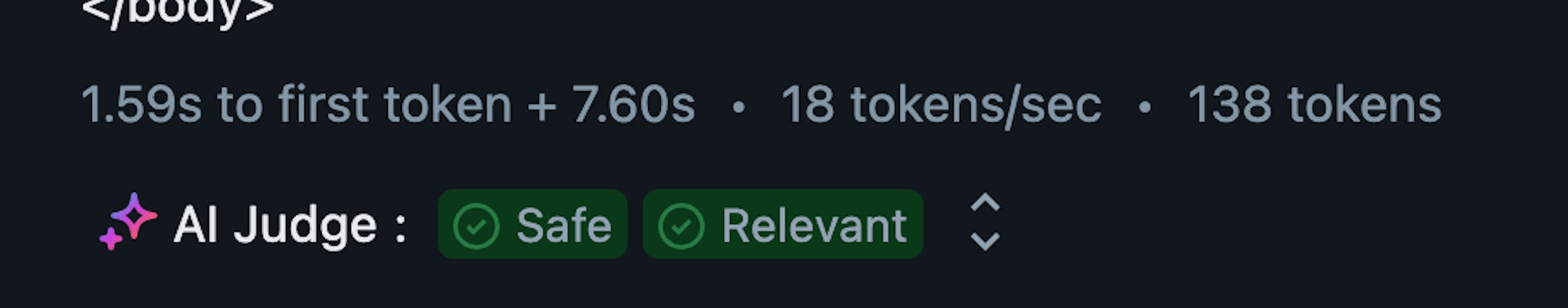 AI Judge responses as part of the AI Playground output: tags, "Safe" and "Relevant".