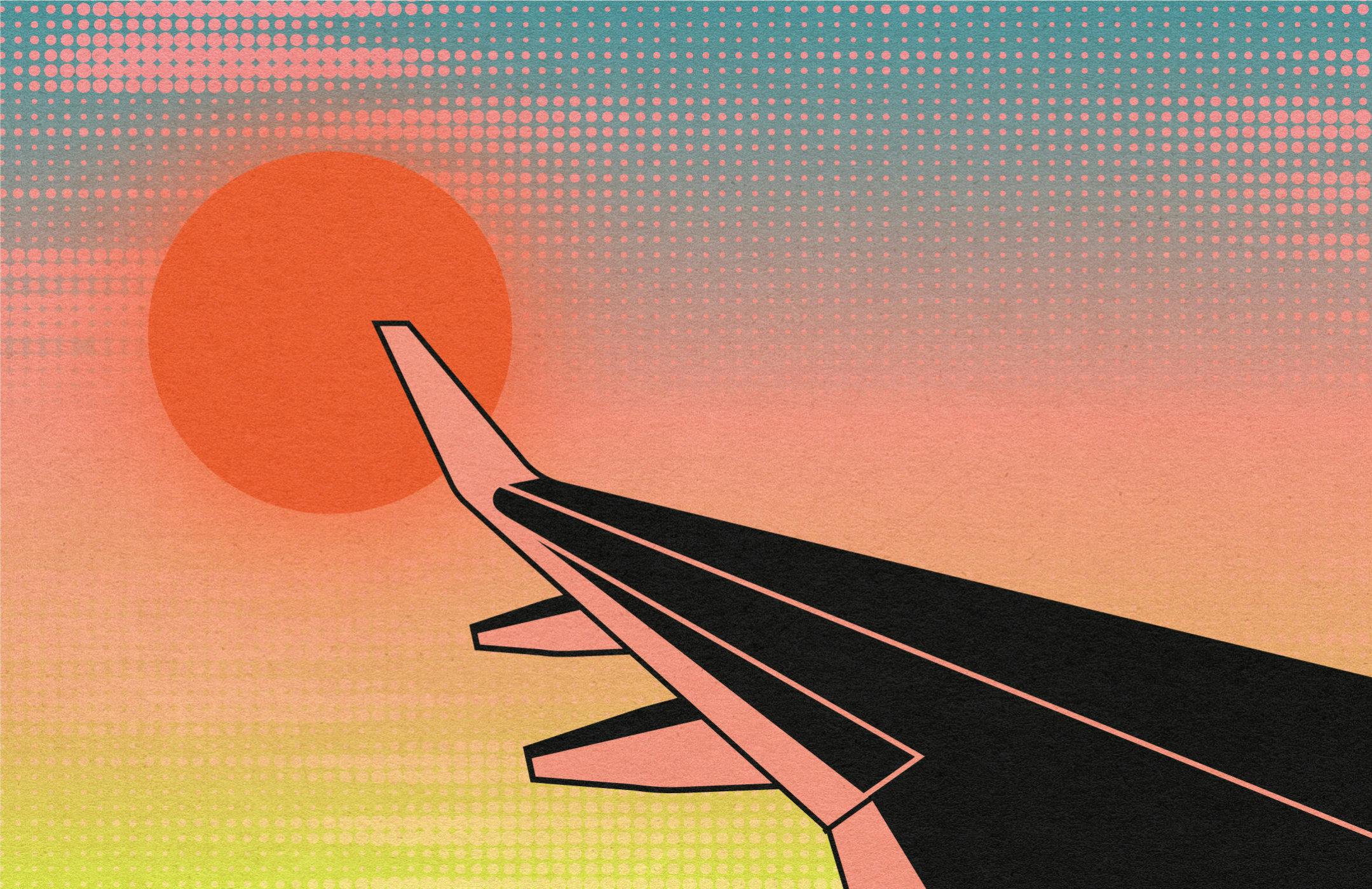 Illustration of airplane wing and sun at sunset