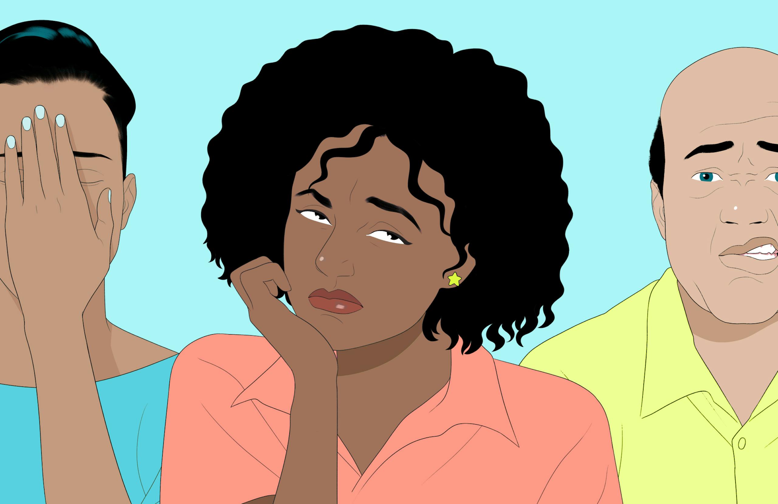 Illustration in teal tones of a woman with curly dark hair and a disappointed expression.