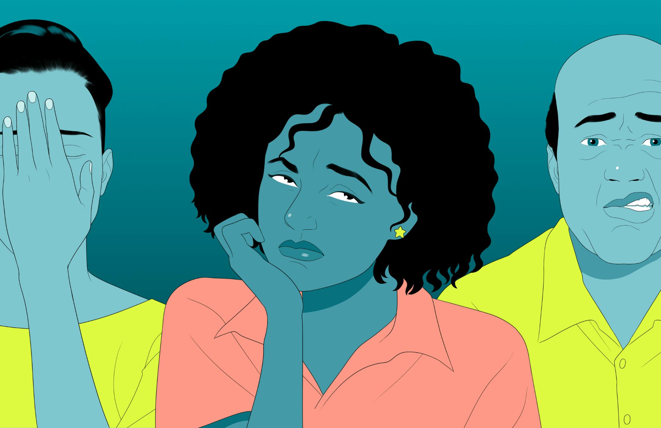 Illustration in teal tones of a woman with curly dark hair and a disappointed expression.