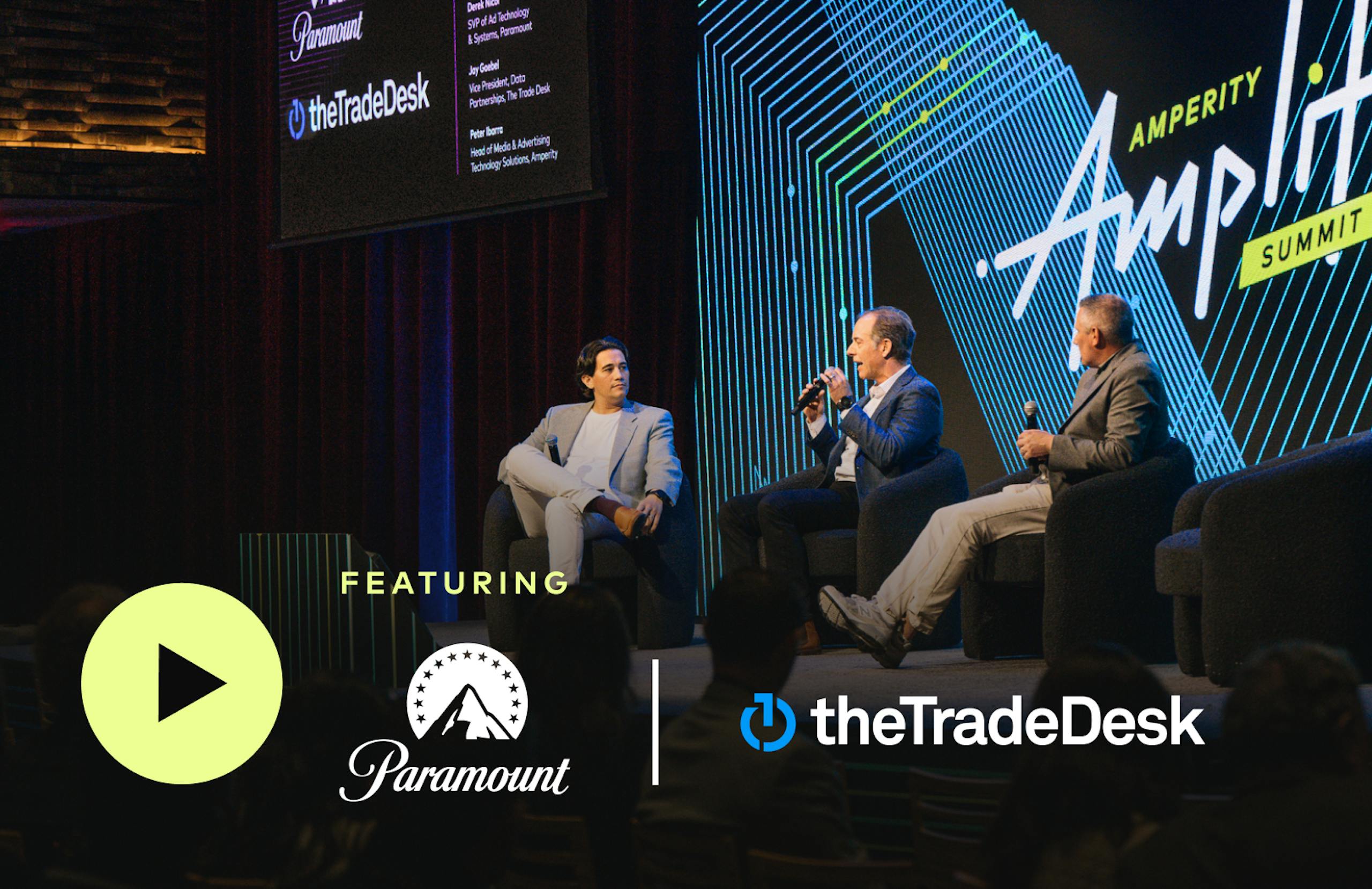Three men sitting onstage at Amperity Amplify Summit. Featuring Paramount and the Trade Desk.