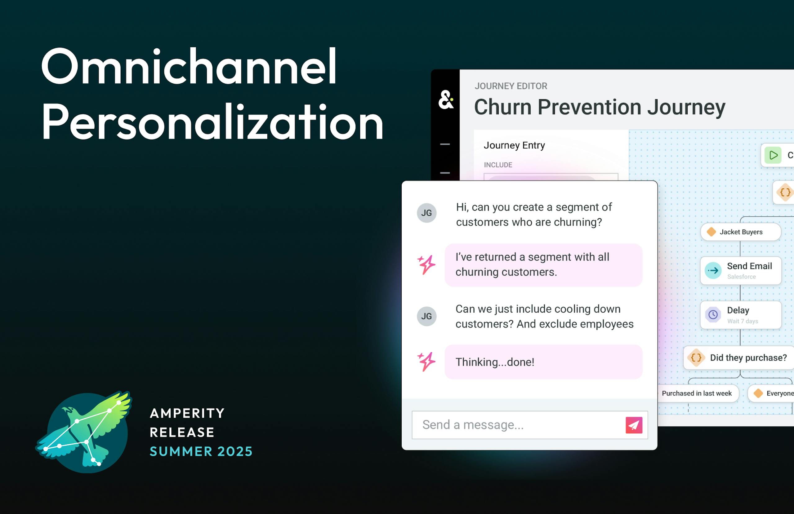 An illustration of creating a Journey in the Amperity platform. The phrase "Omnichannel Personalization" appears prominently as a header.