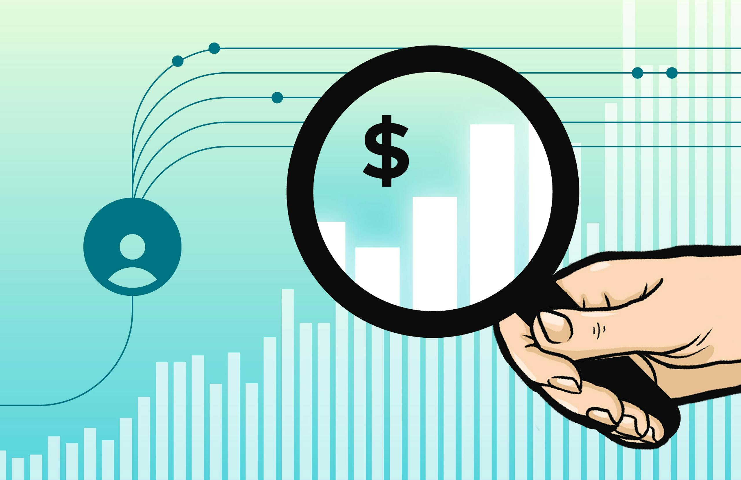 A hand holds a magnifying glass up to a bar graph to reveal increasing return on investment