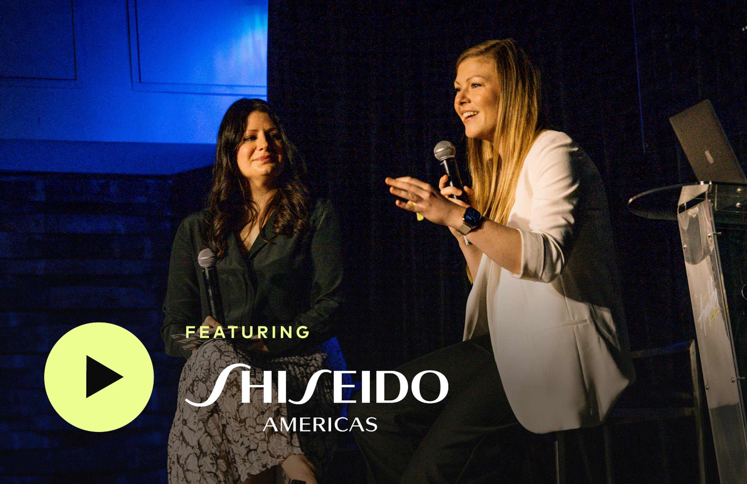 Valerie from Shiseido and Sara from Amperity onstage speaking. Featuring Shiseido Americas.