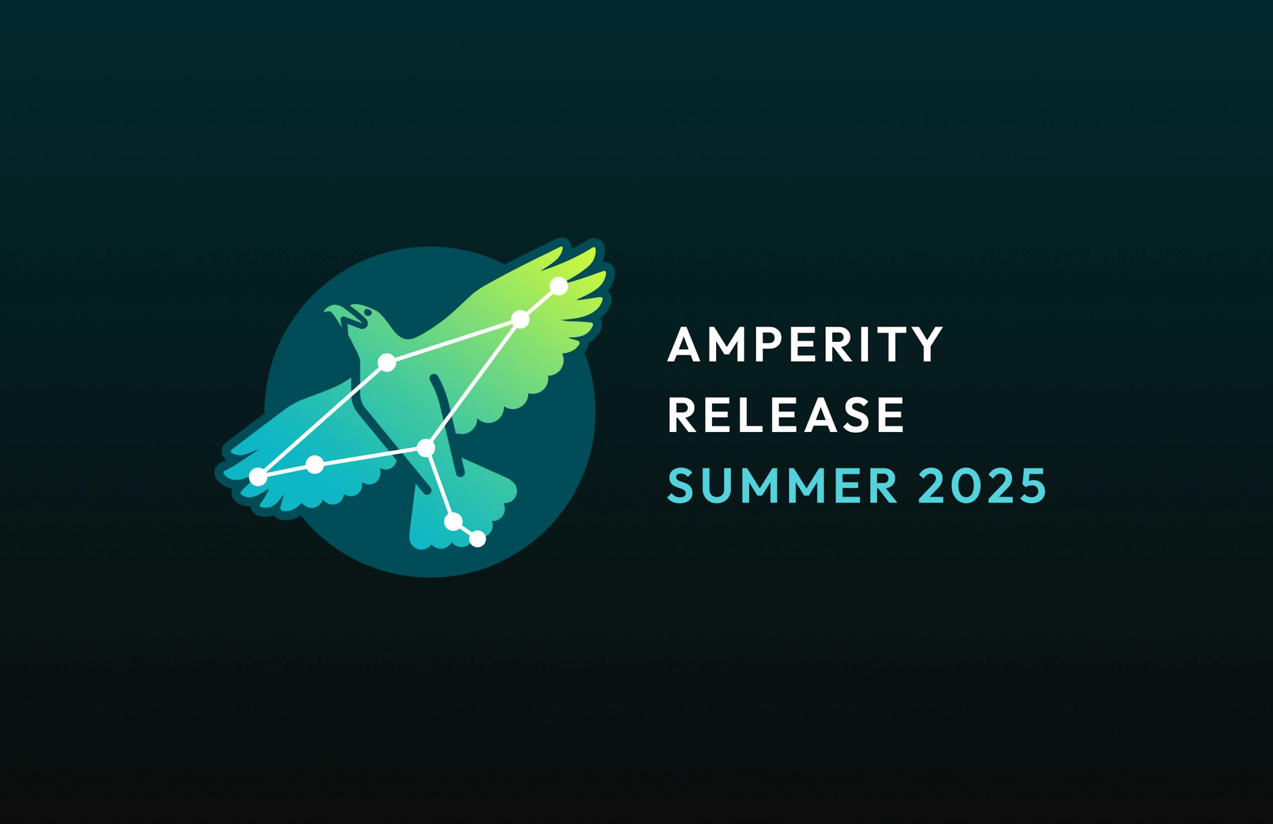An illustration of an eagle with its wings spread. Star nodes, as is common in renderings of constellations, are visible on the eagle's underside. The text "Amperity Release Summer 2025" is visible next to the eagle.
