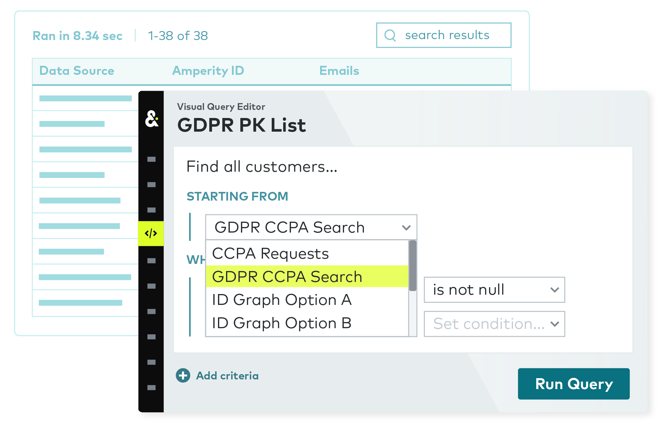 Amperity platform modal titled "GDPR PK List" displaying a visual query editor.