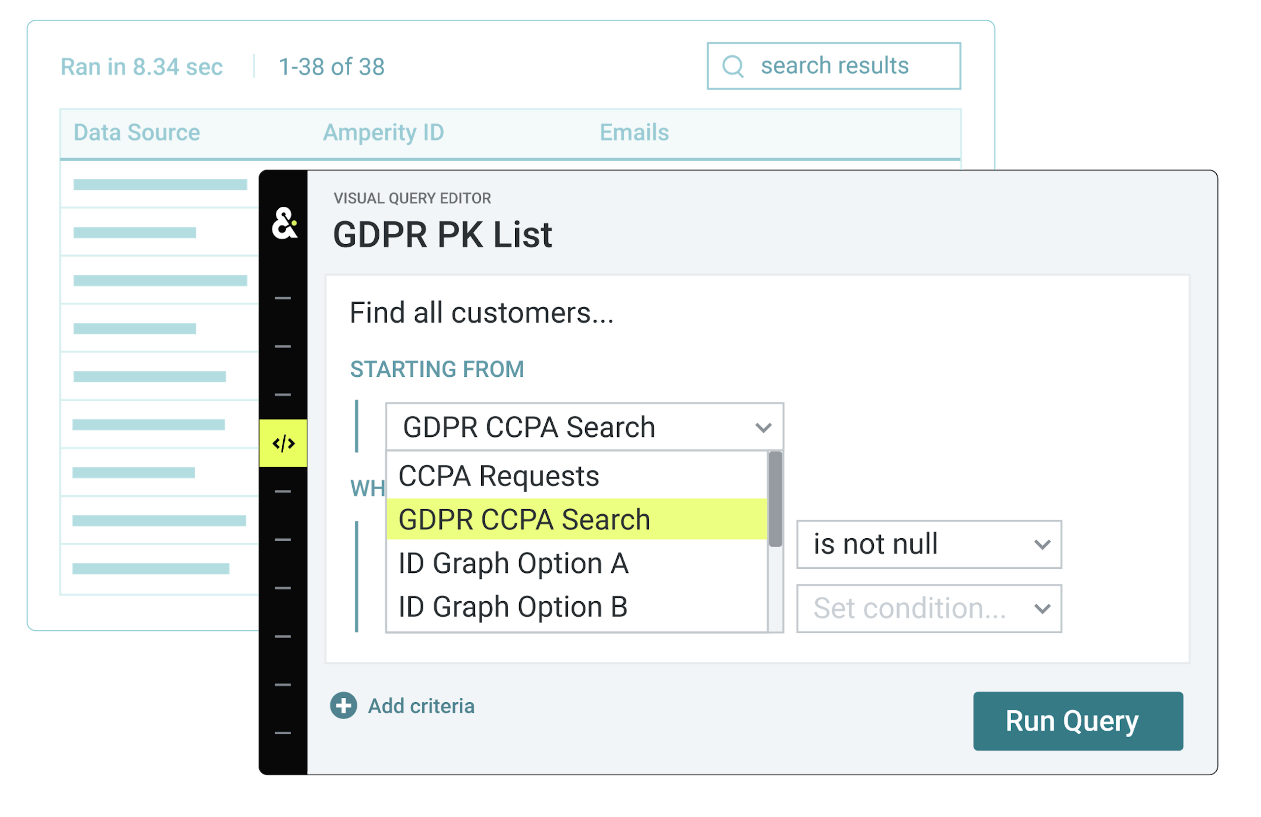 Amperity platform modal titled "GDPR PK List" displaying a visual query editor.