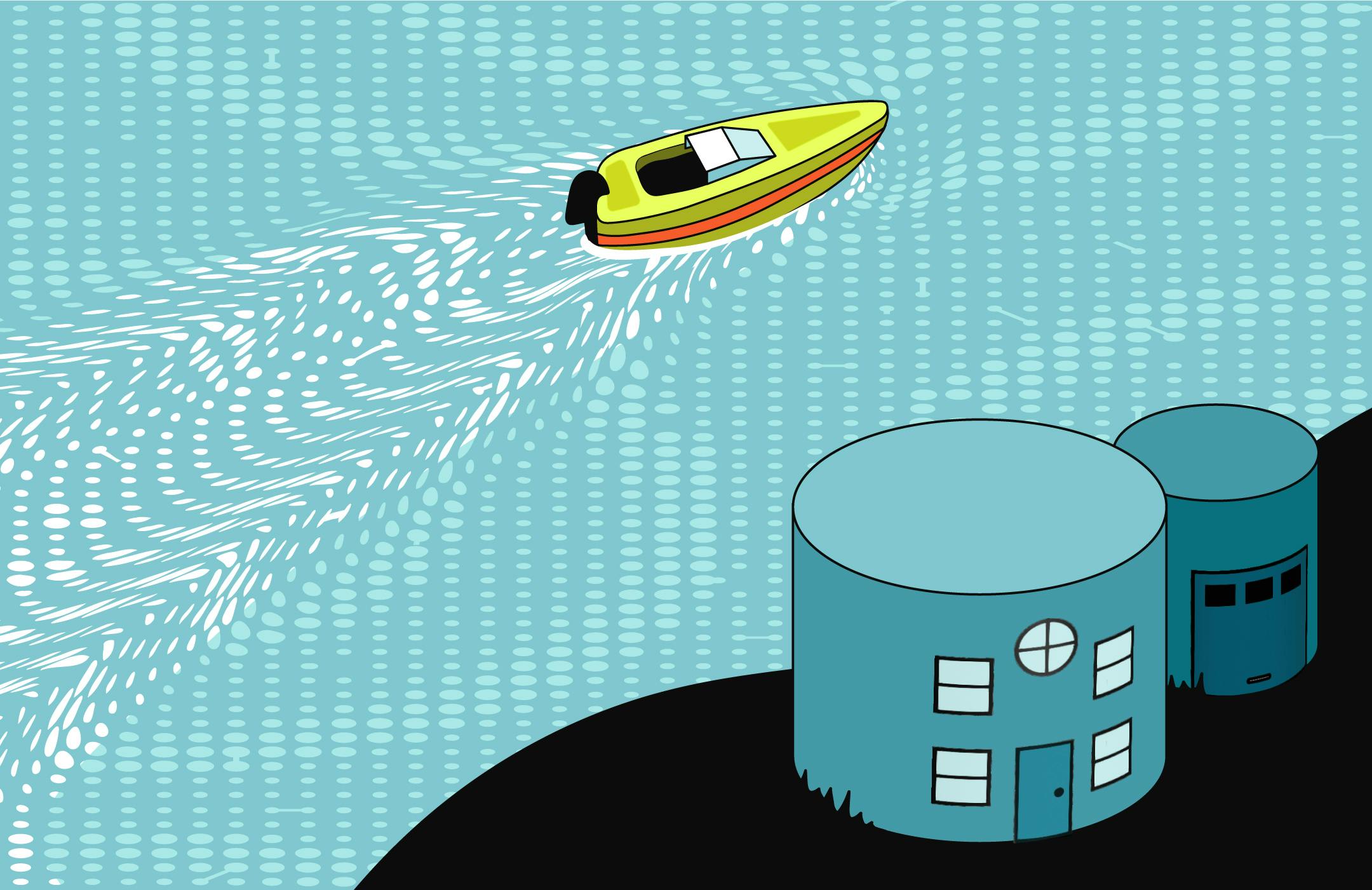 A vibrant neon motorboat speeds through the data waves beside a Data Lakehouse, symbolizing upbeat momentum for the Lakehouse space.