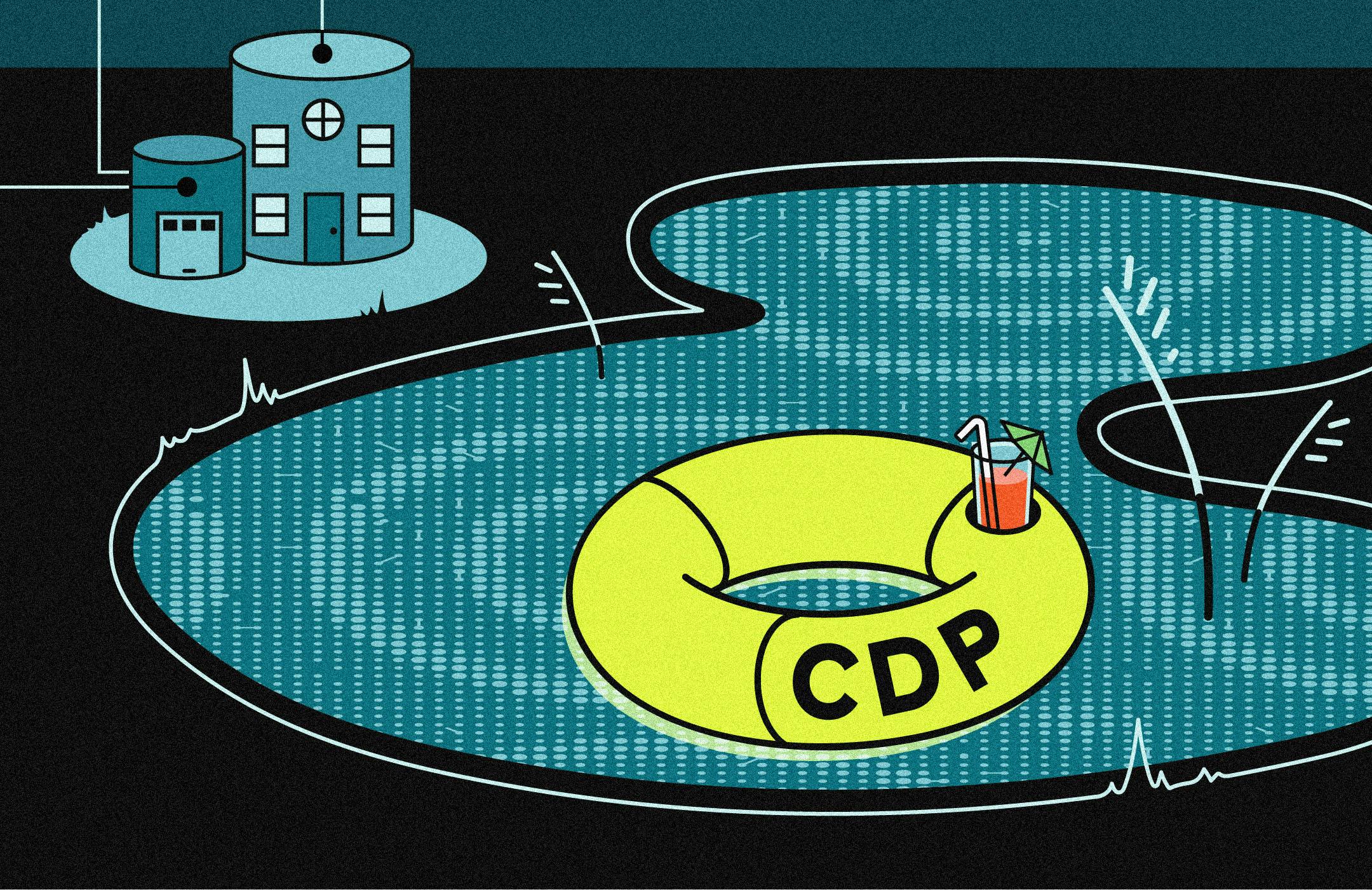 Illustration of a float labeled CDP in a lake beside a lakehouse shaped like a database