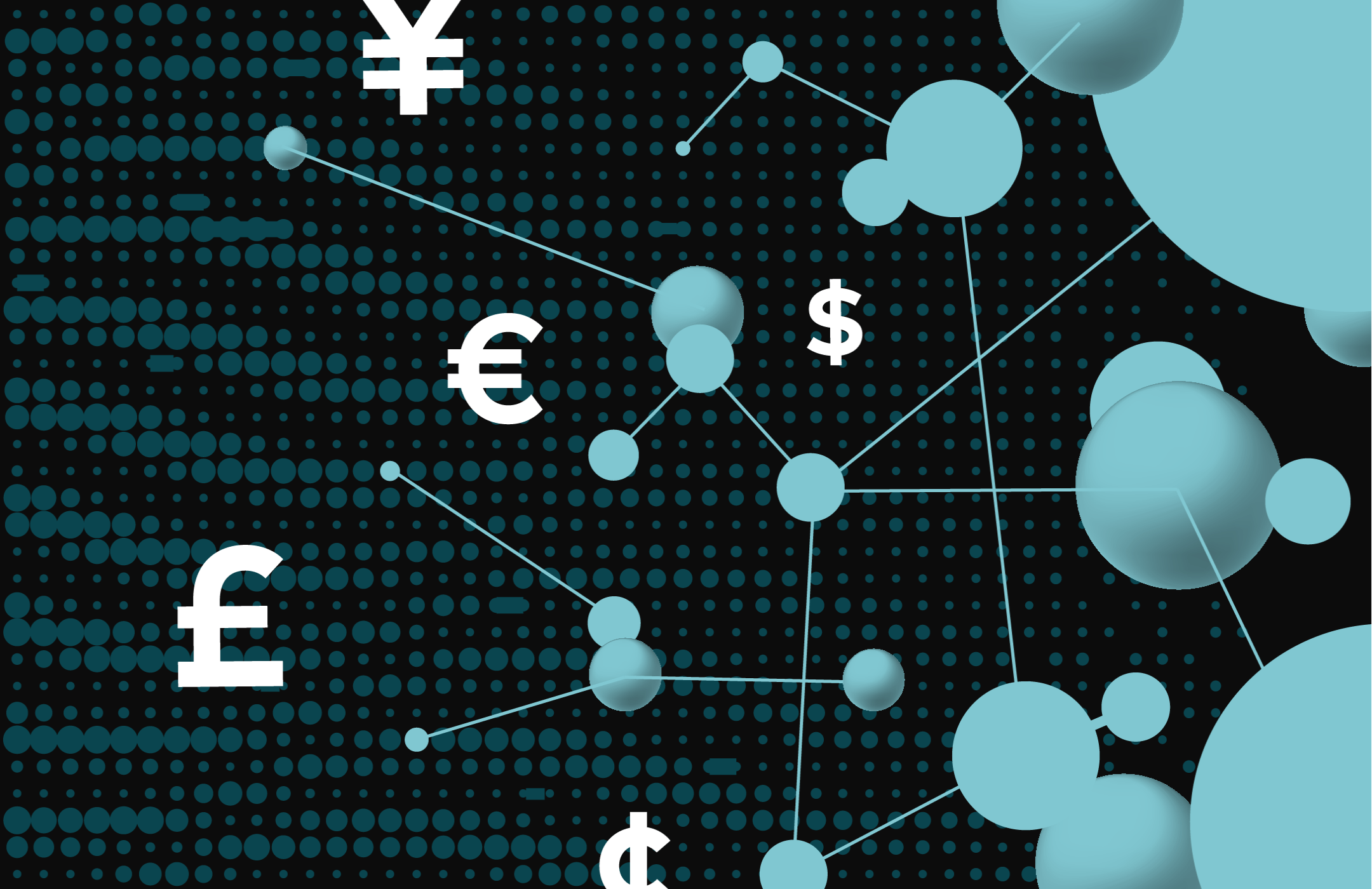 Teal spheres connected with nodes in a teal background with currency icons