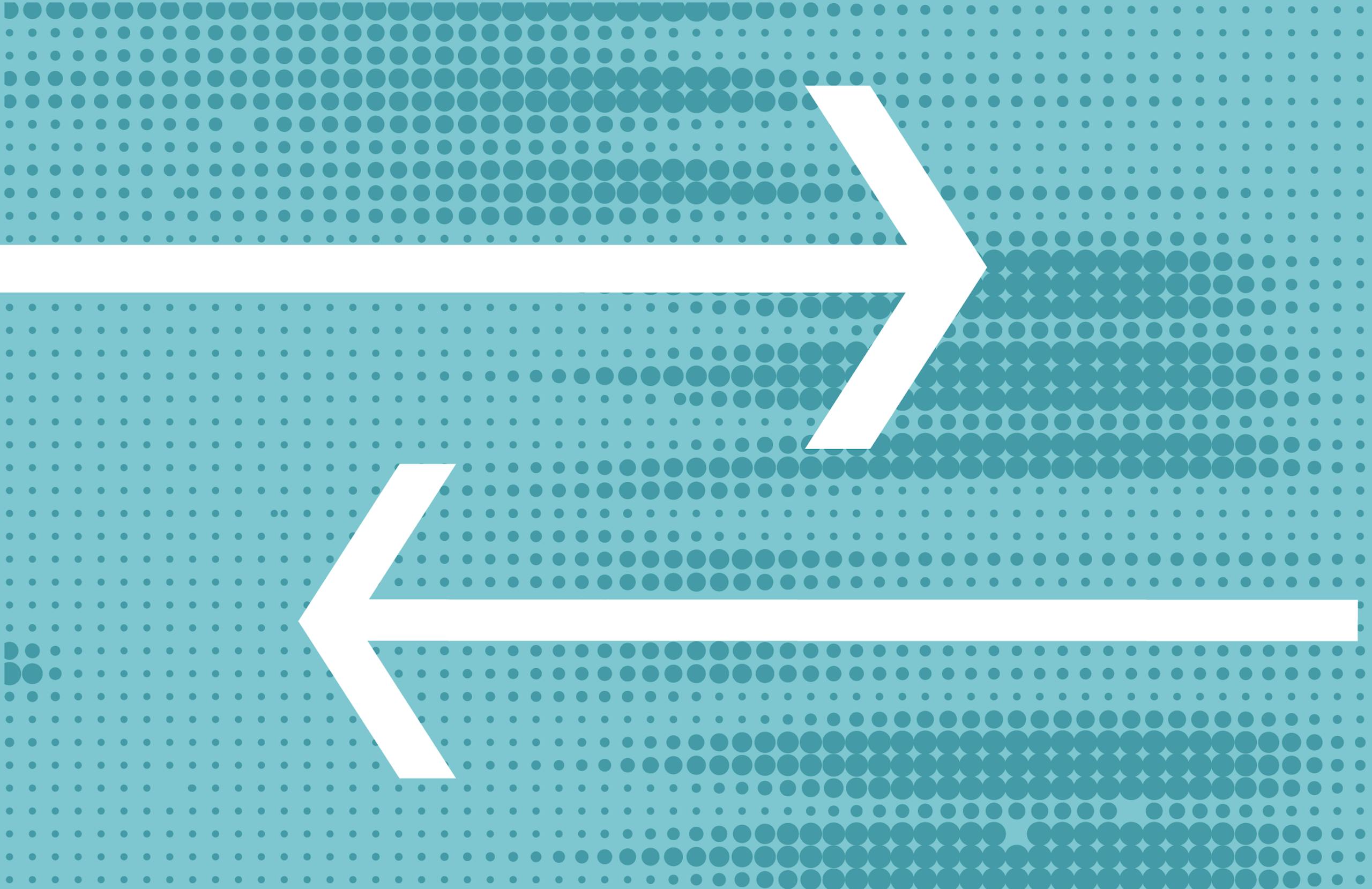 Illustration of two white arrows going in opposite directions on a teal background with small dark teal dots.