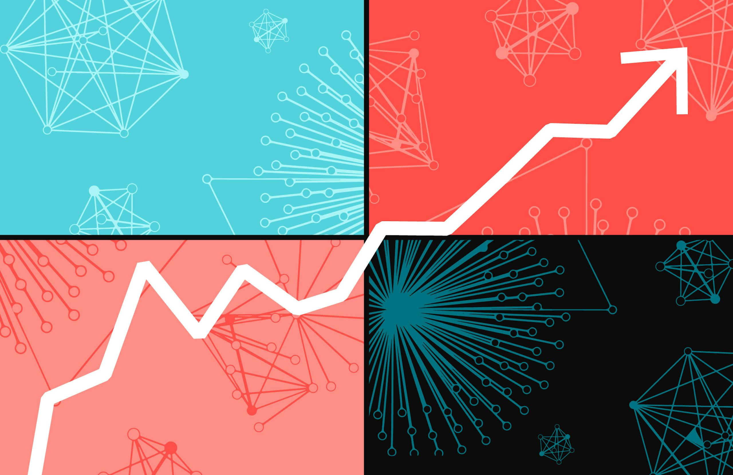 Four panels of clusters in red and tea, with a white arrow going up and to the right