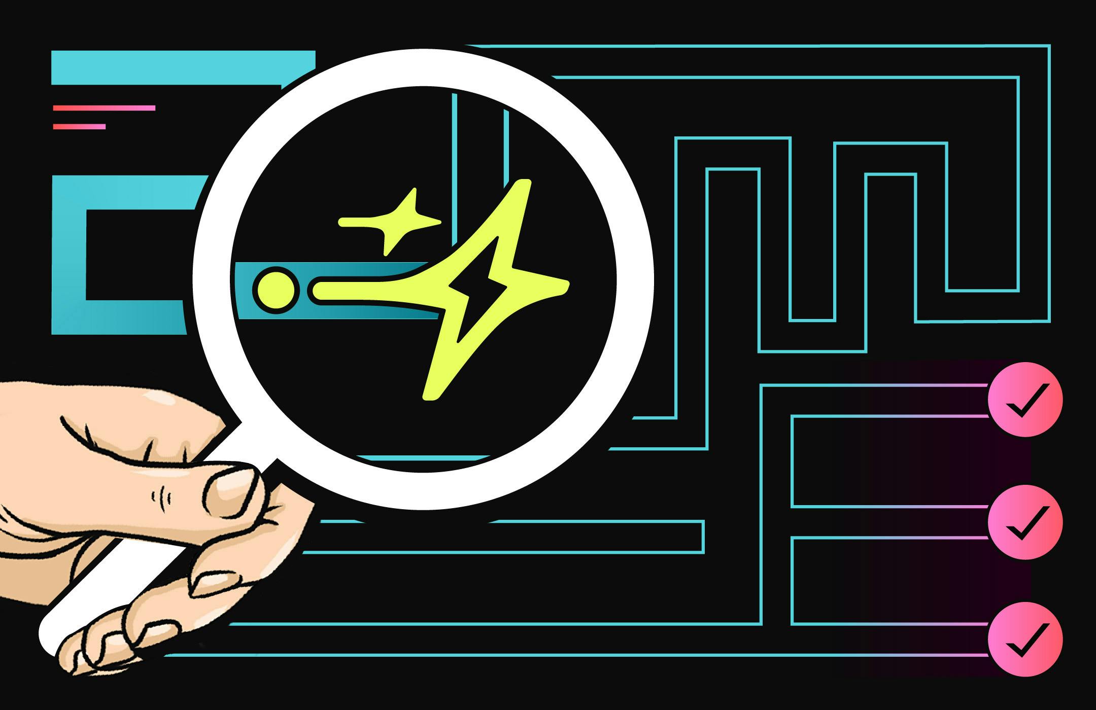 A magnifying glass that follows the path inside a maze. The image is stylized with bright and bold colors.