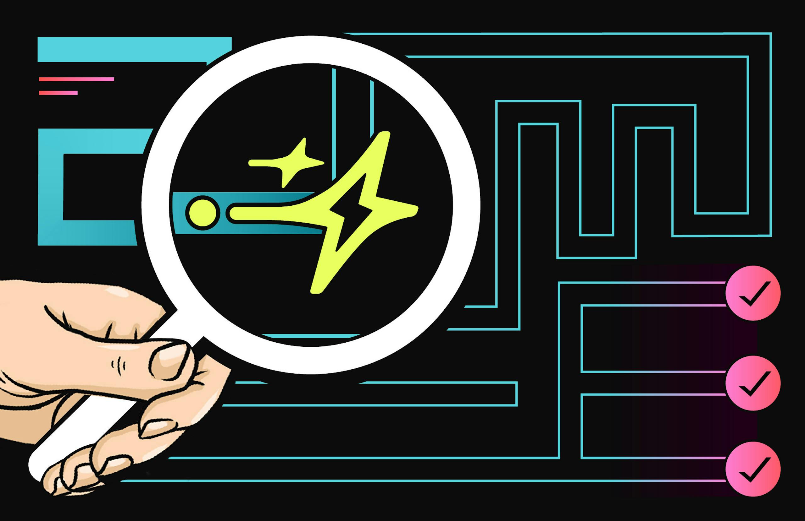 A magnifying glass that follows the path inside a maze. The image is stylized with bright and bold colors.