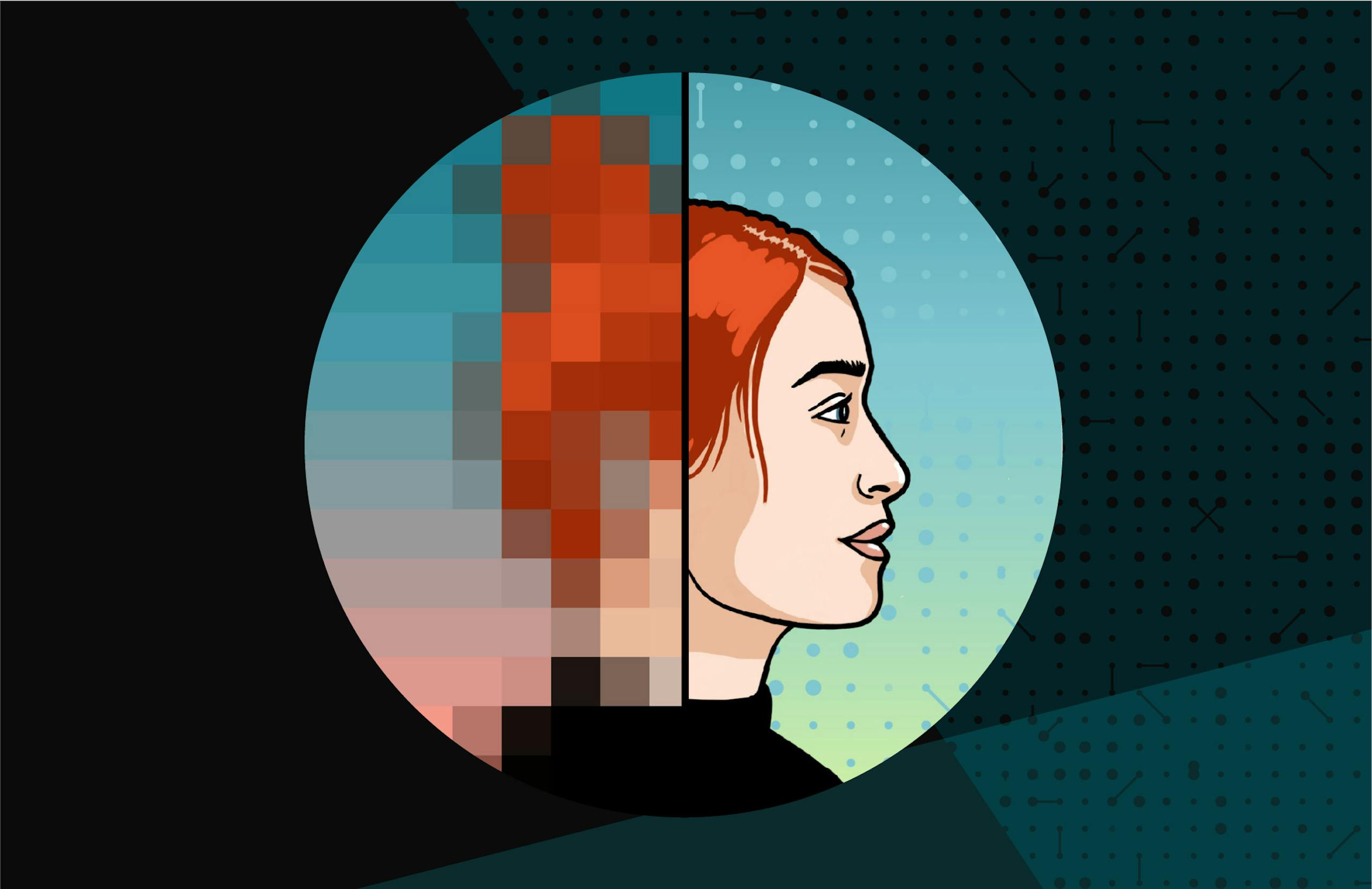 Image of a woman, half is pixelated, the other is in focus.