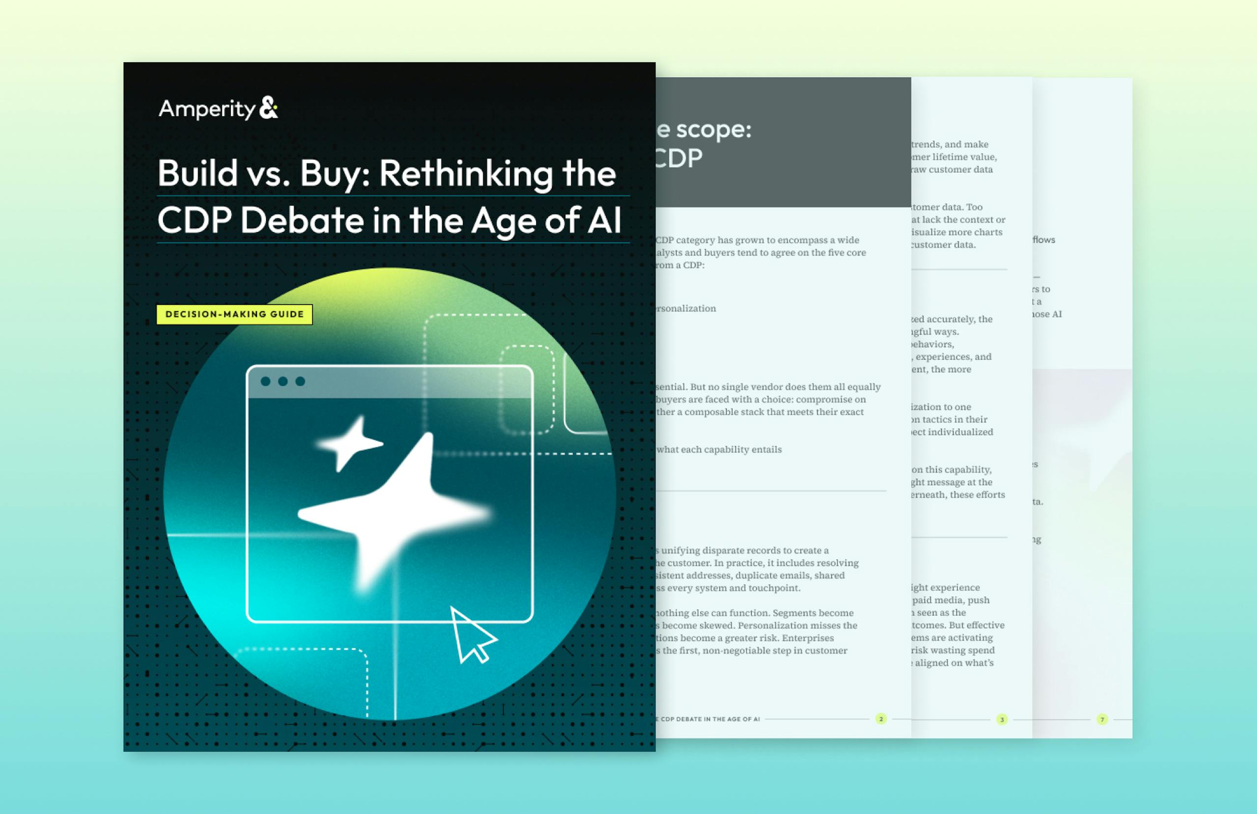 Front page of Build vs Buy guide: AI sparkle in a browser against a yellow-teal gradient.