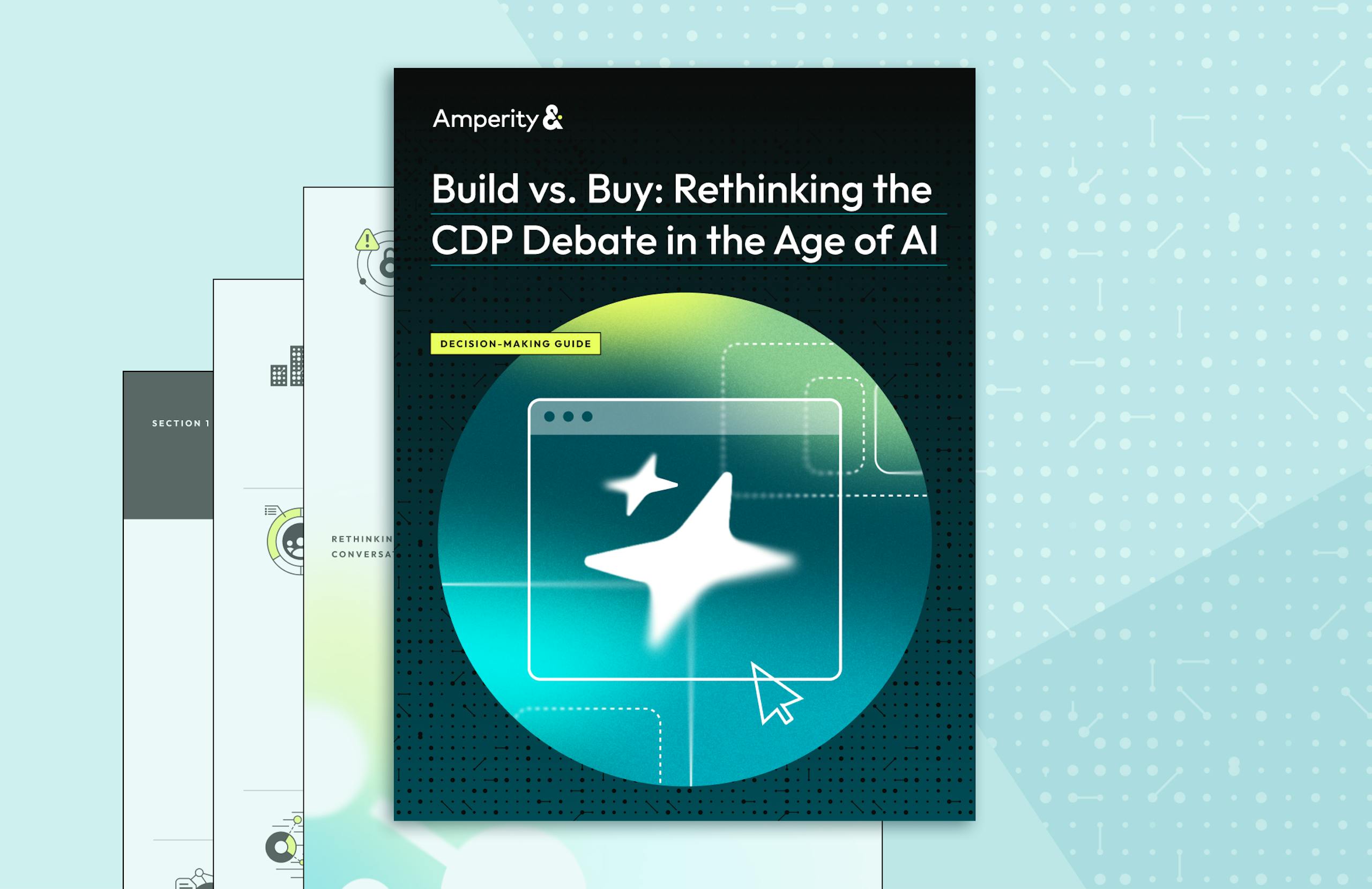 Front page of Build vs Buy guide: AI sparkle in a browser against a yellow-teal gradient.