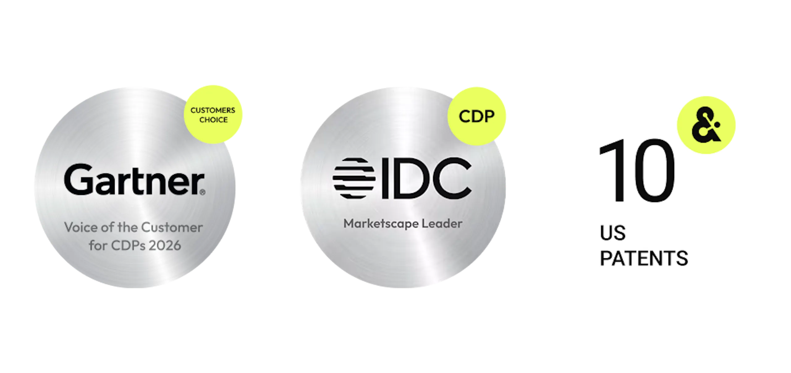 Gartner voice of the customer for CDPs 2026, IDC Marketscape leader,, and 10 US patents