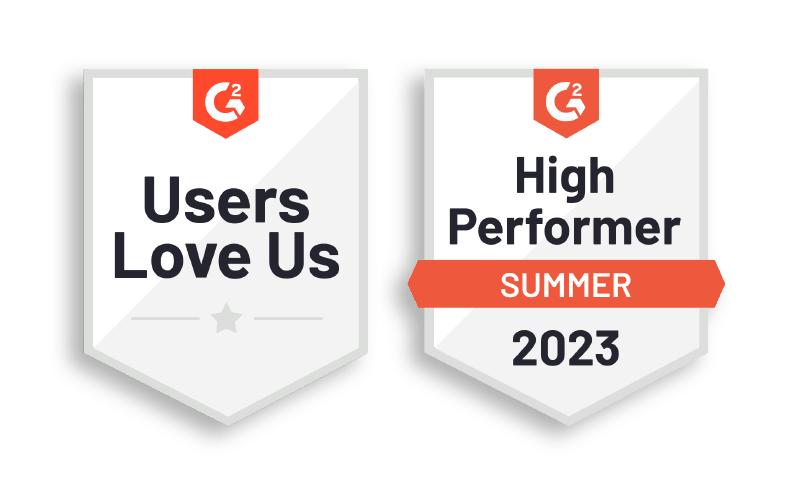 Two G2 Badges, including "Users Love Us" and "High Performer Summer 2023"