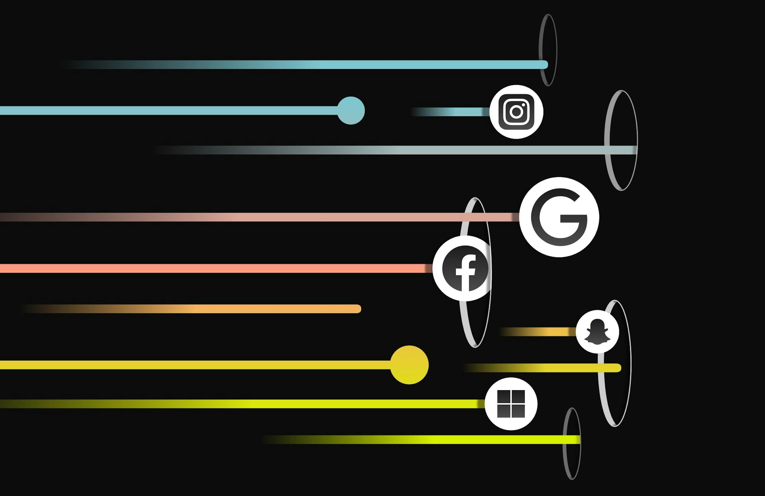 Illustration of paid media providers flying into various portals.