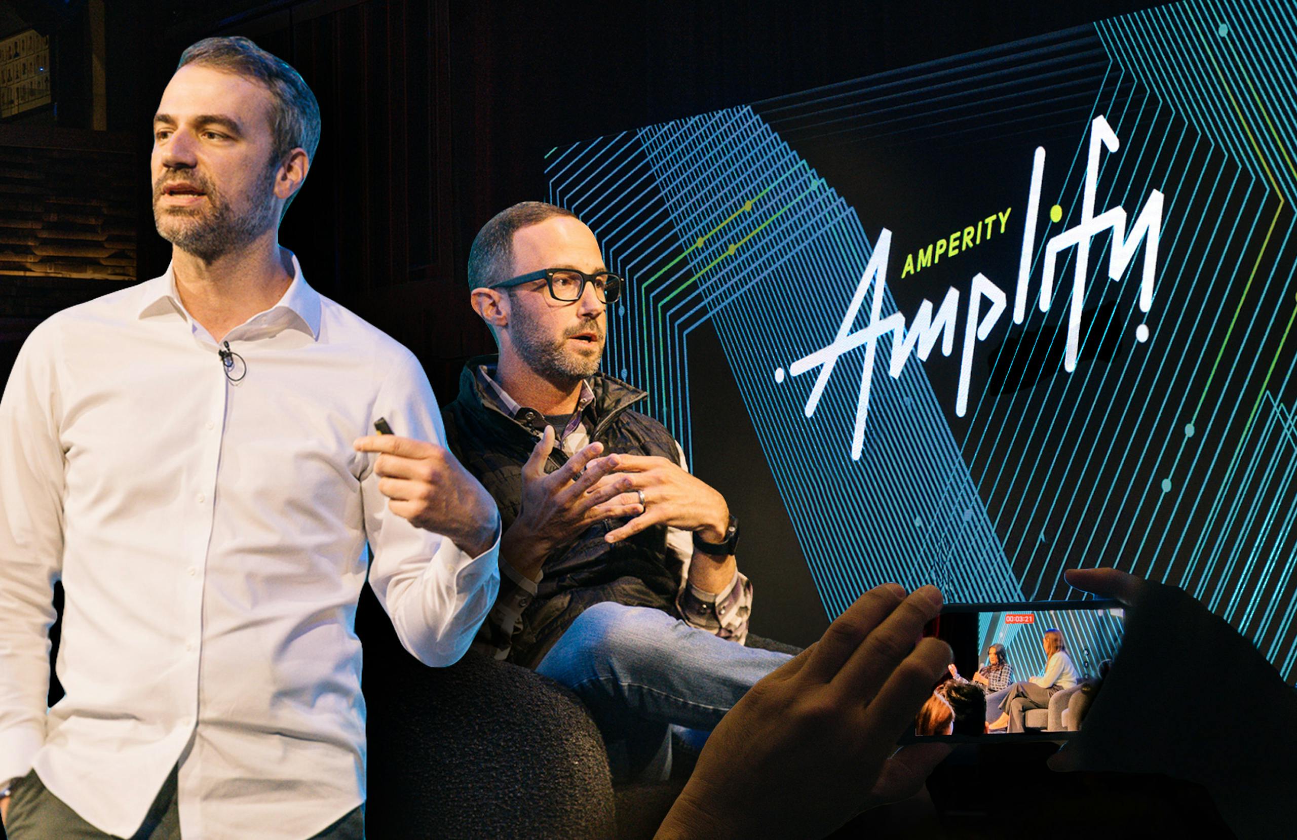 A collage of different speakers on stage with an illuminated "Amplify" sign behind them