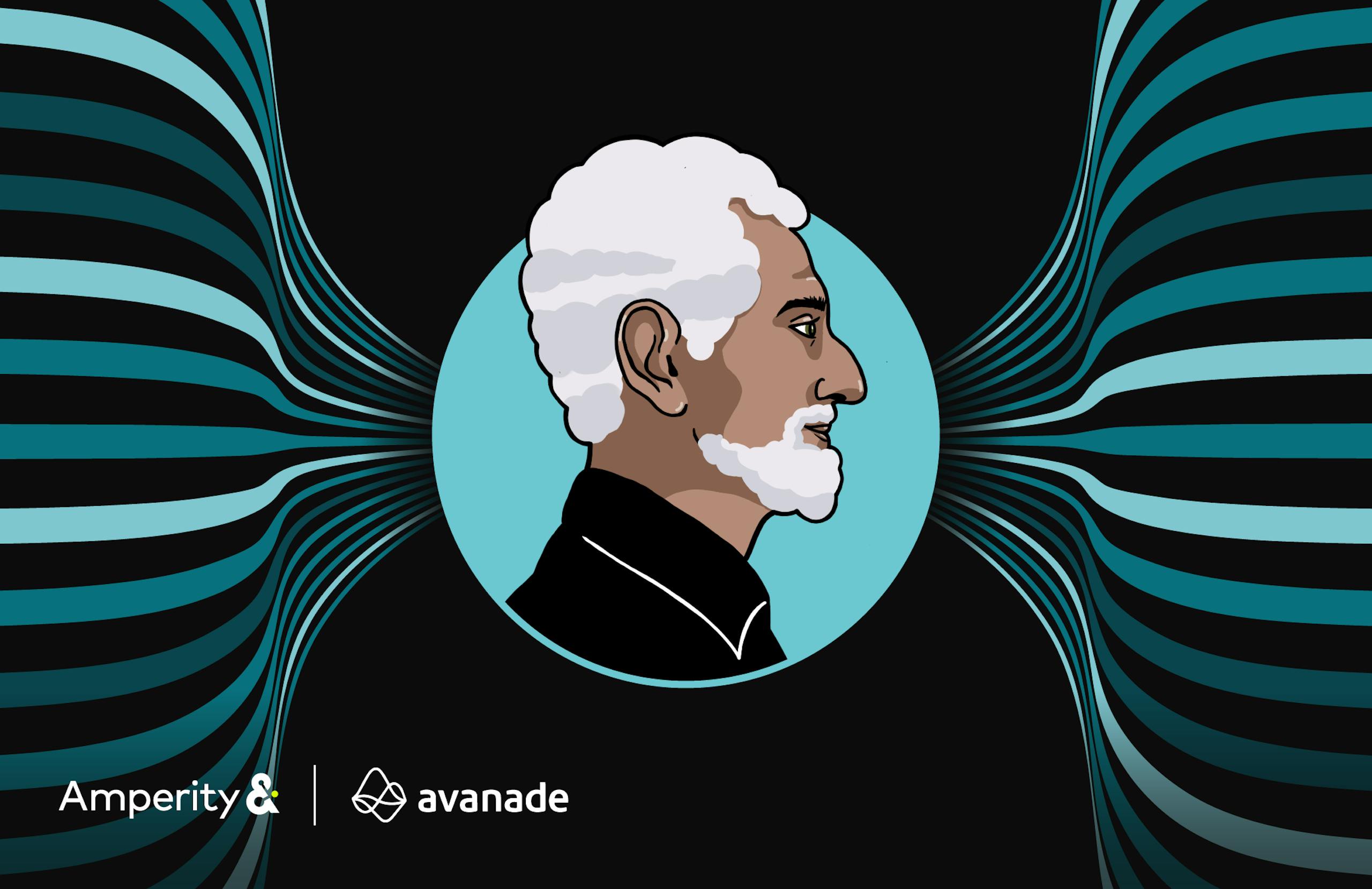 A profile of an older man in a circle; teal ribbons flow out from the left and right sides