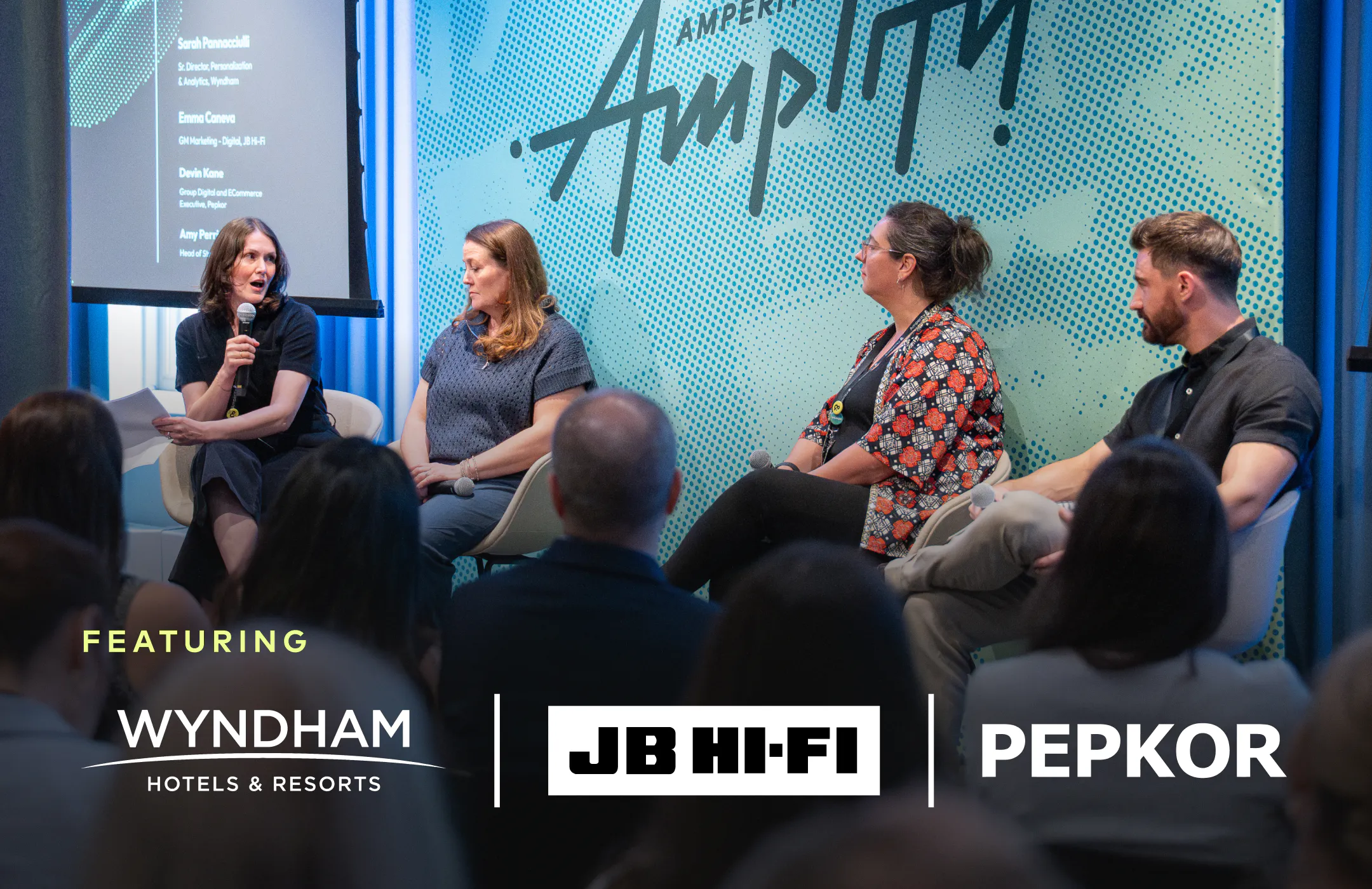 Moderator & panelists from Wyndham, JB Hi-Fi, and Pepkor onstage at Amplify 2026.