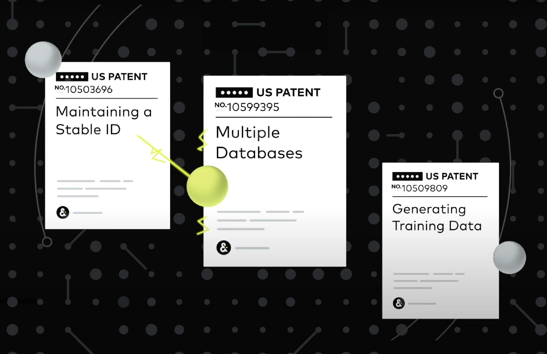 Graphic showing three different Amperity patent pages on a dark datawave background