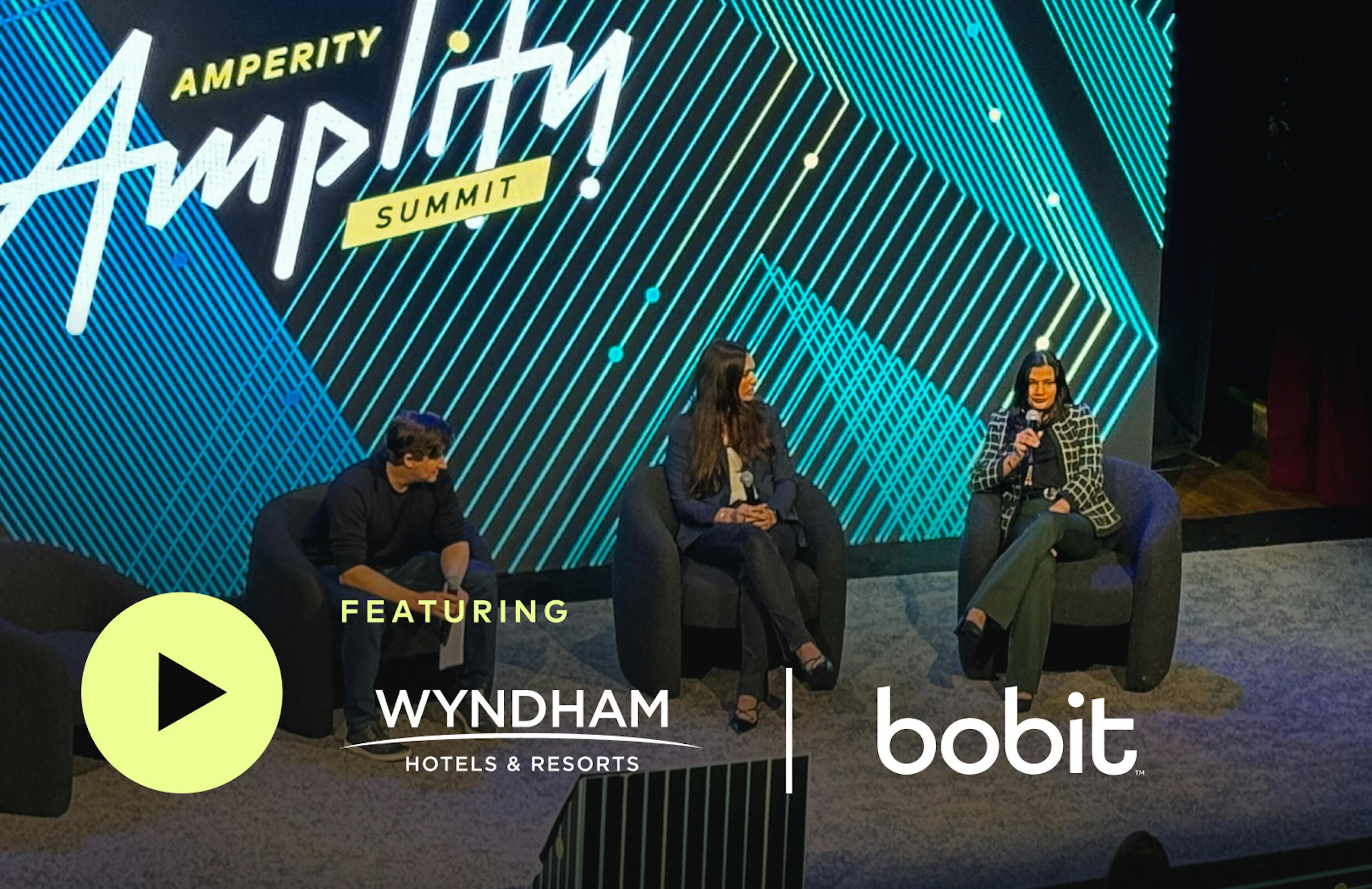 Three figures onstage at Amperity Amplify Summit. Featuring Wyndham Hotels & Resorts and Bobit.